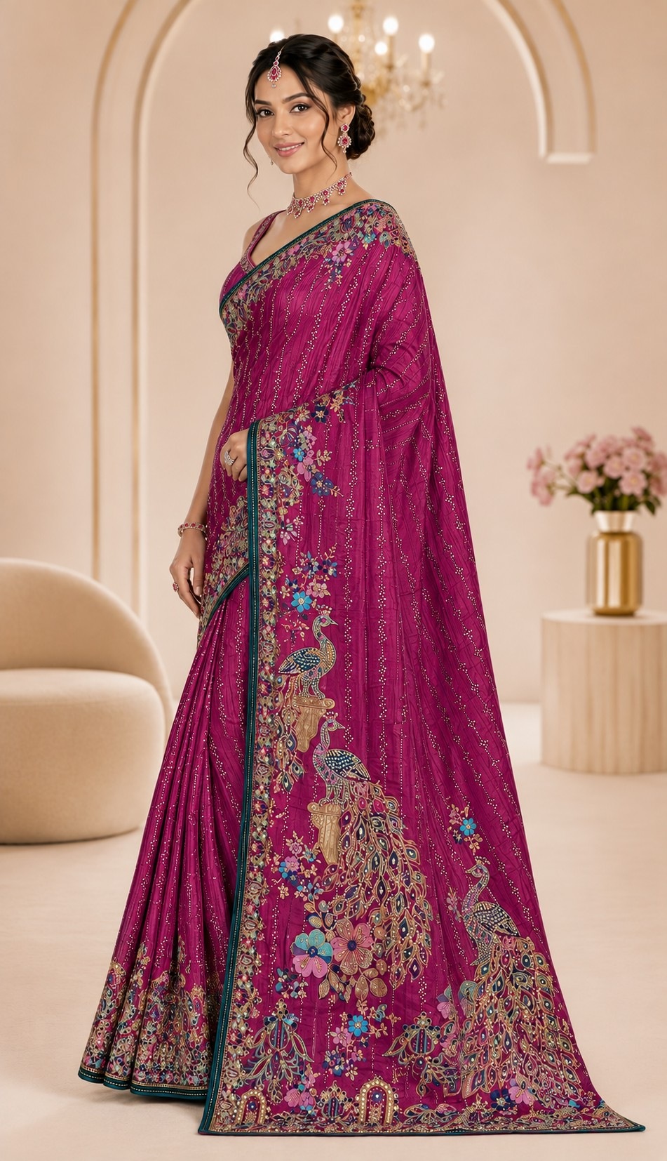 Pink Peacock Woven Work Satin Saree