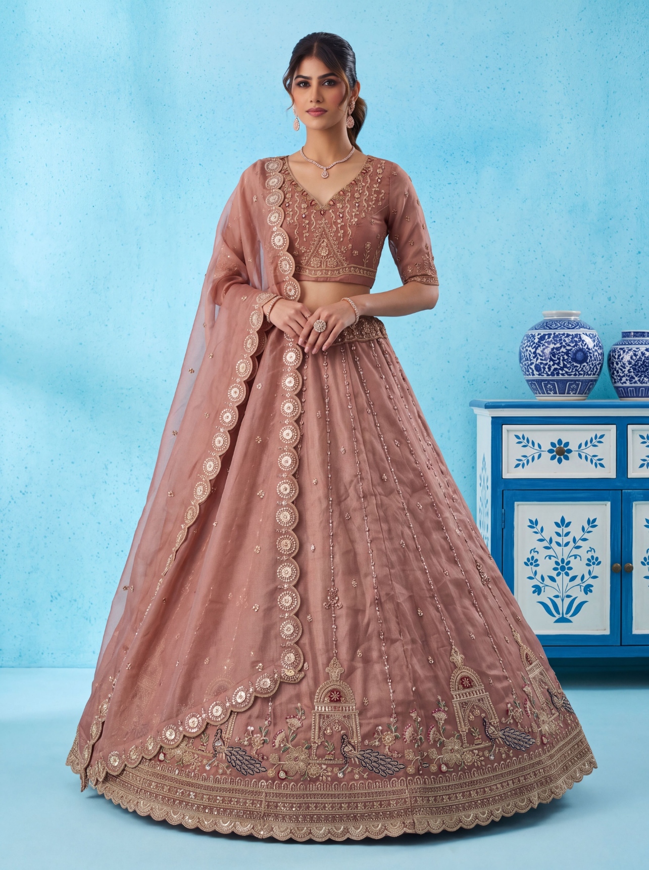 Pink Peacock Zari Silk Bridal Lehenga