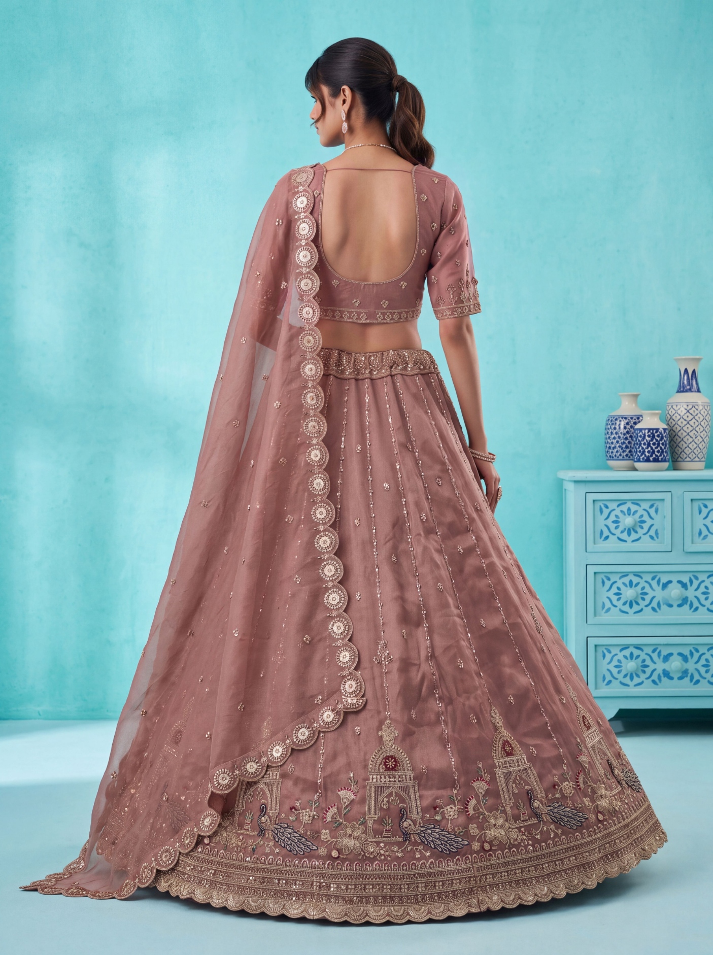 Pink Peacock Zari Silk Bridal Lehenga — alternate view