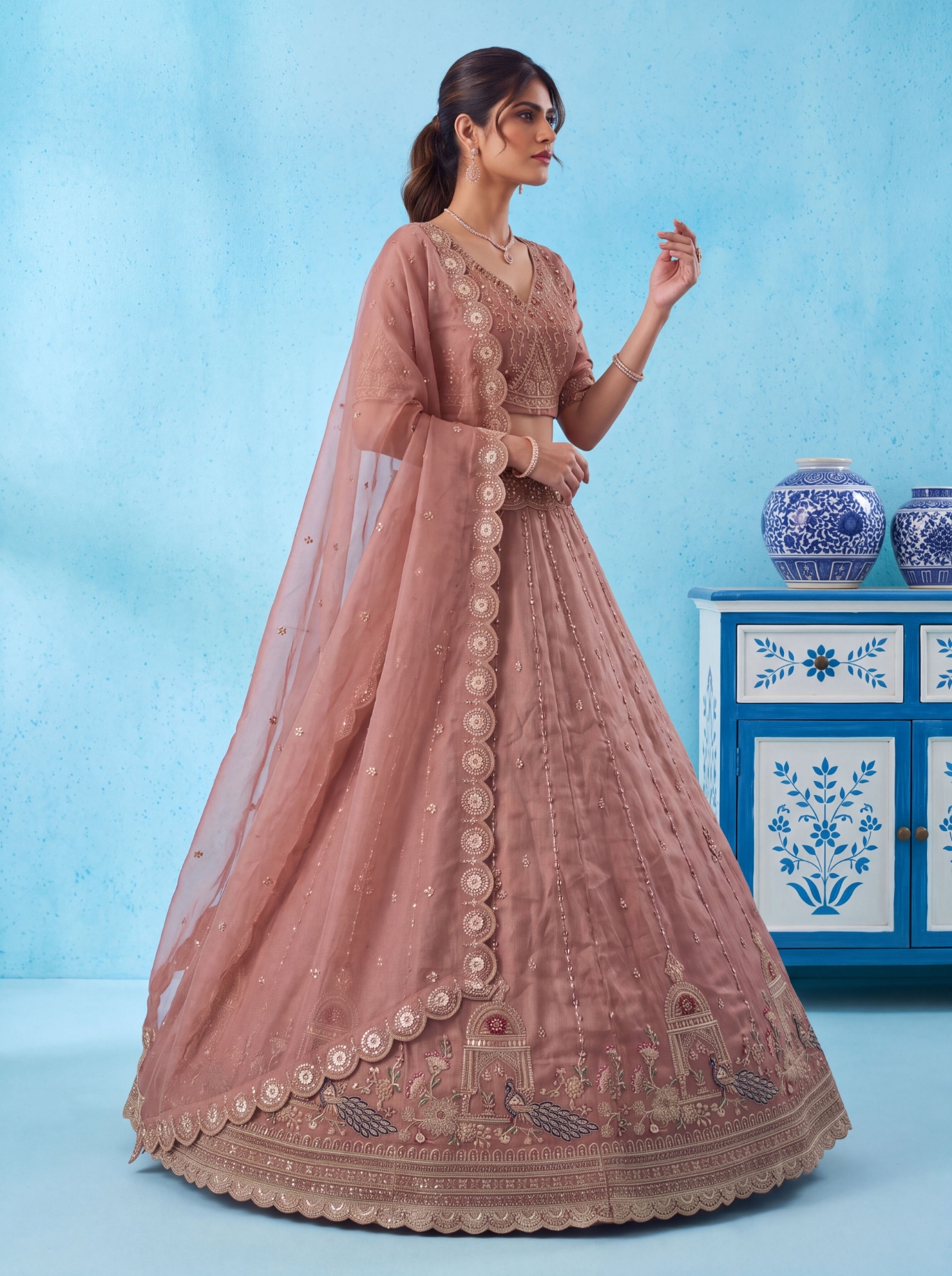 Pink Peacock Zari Silk Bridal Lehenga