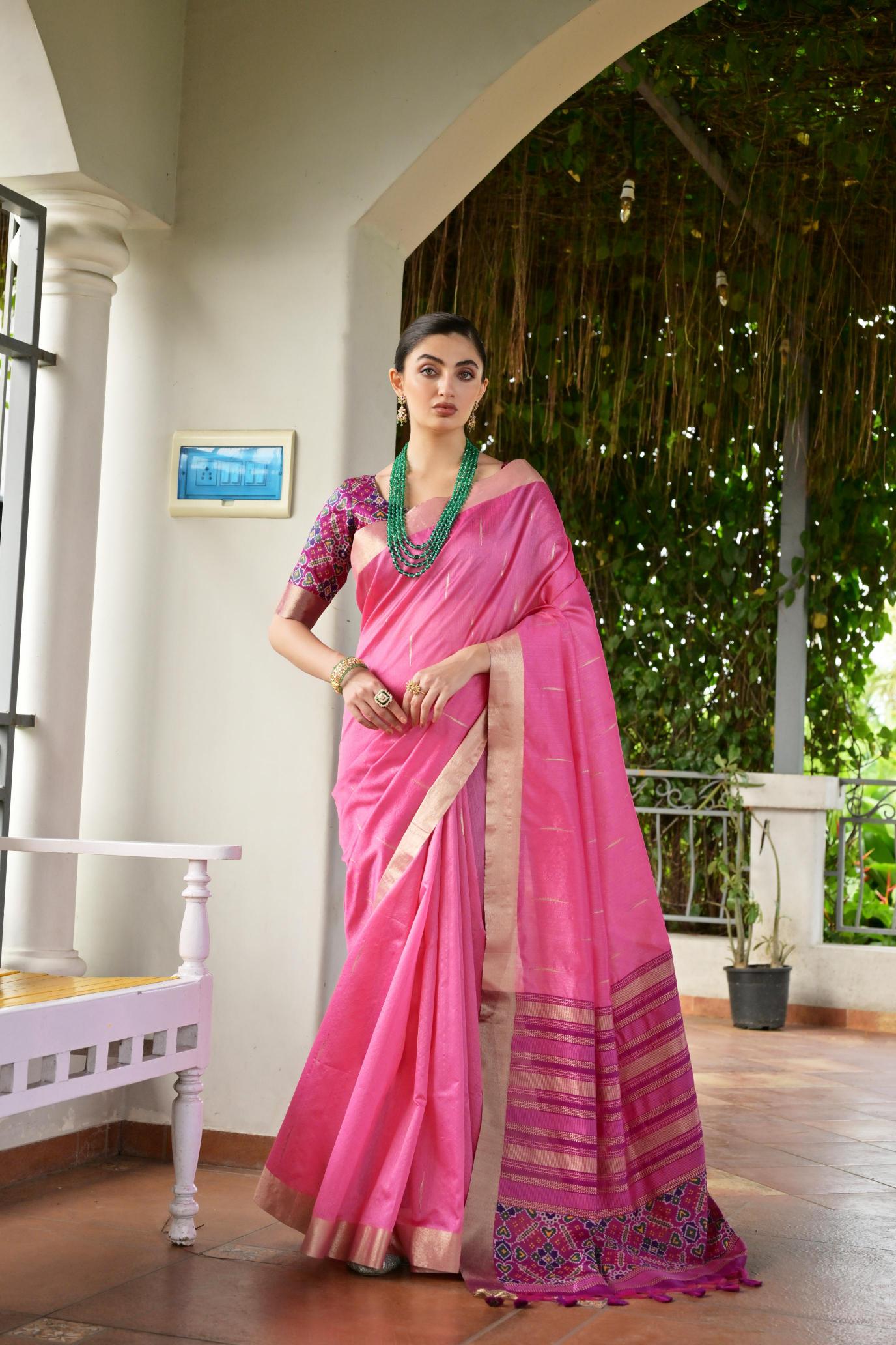 Pink Pink Khadi Raw Silk Saree