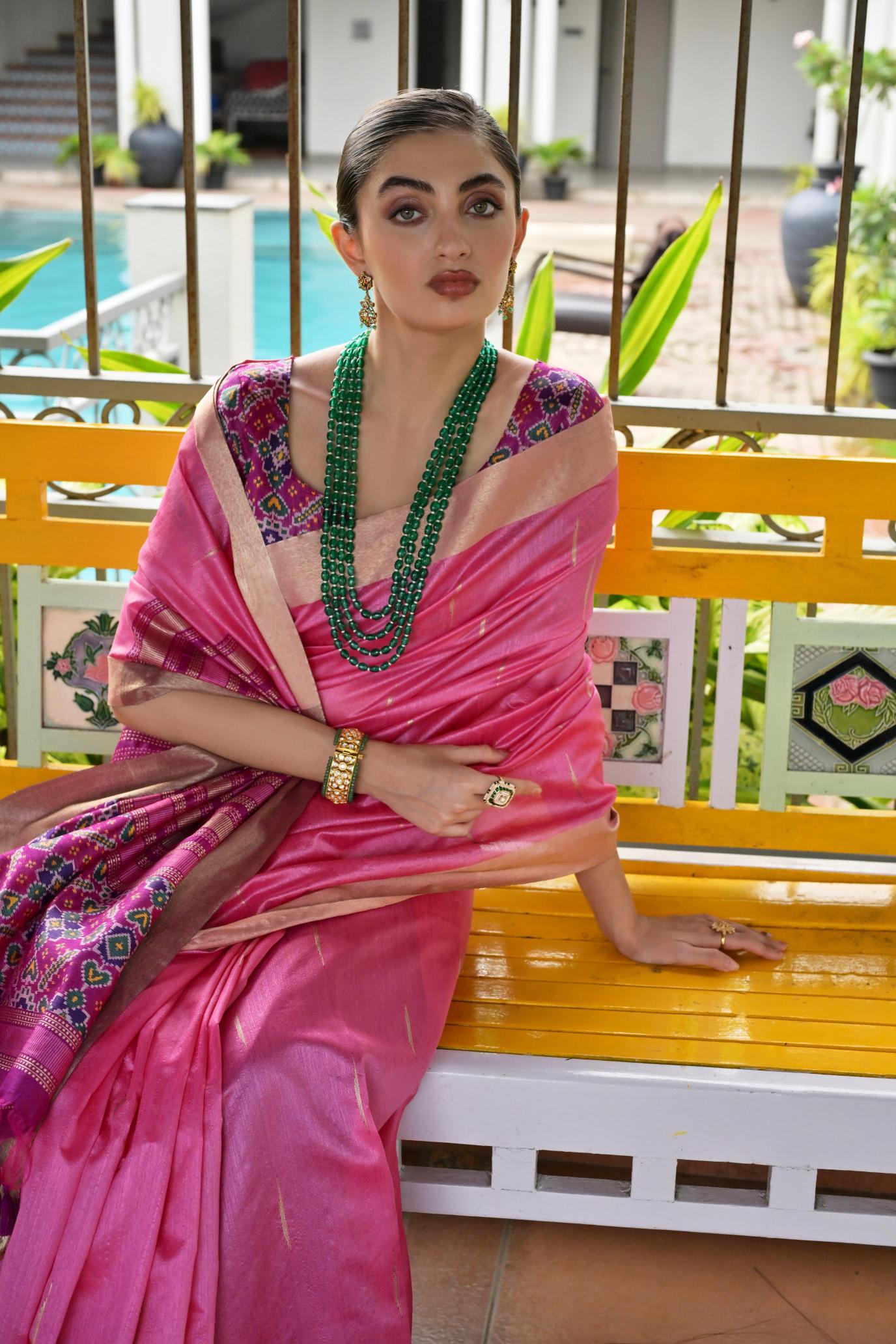 Pink Pink Khadi Raw Silk Saree
