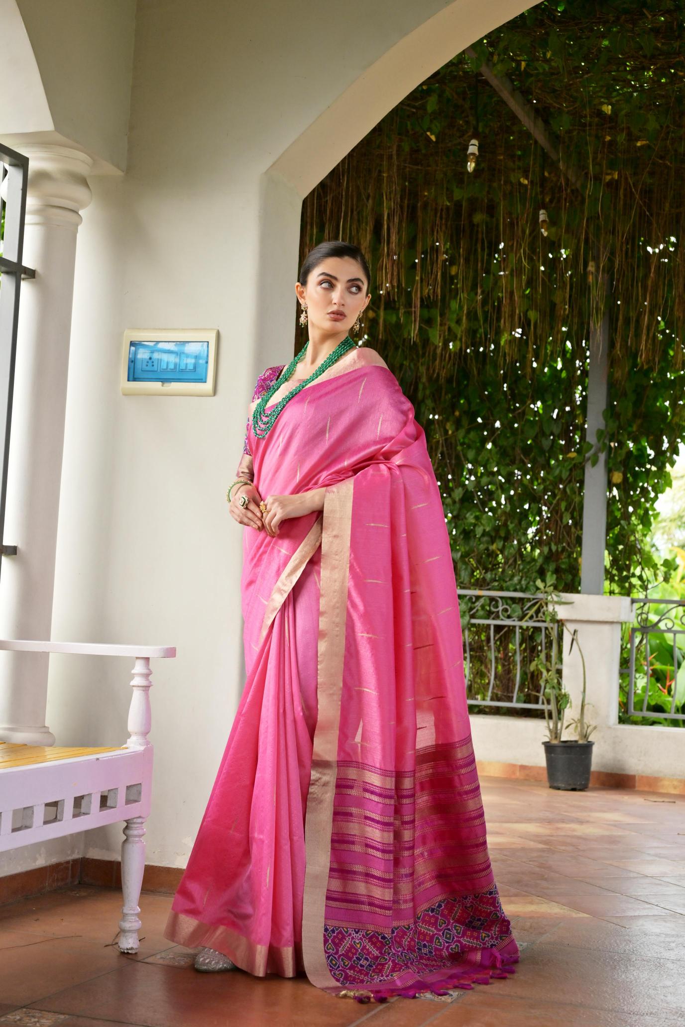 Pink Pink Khadi Raw Silk Saree