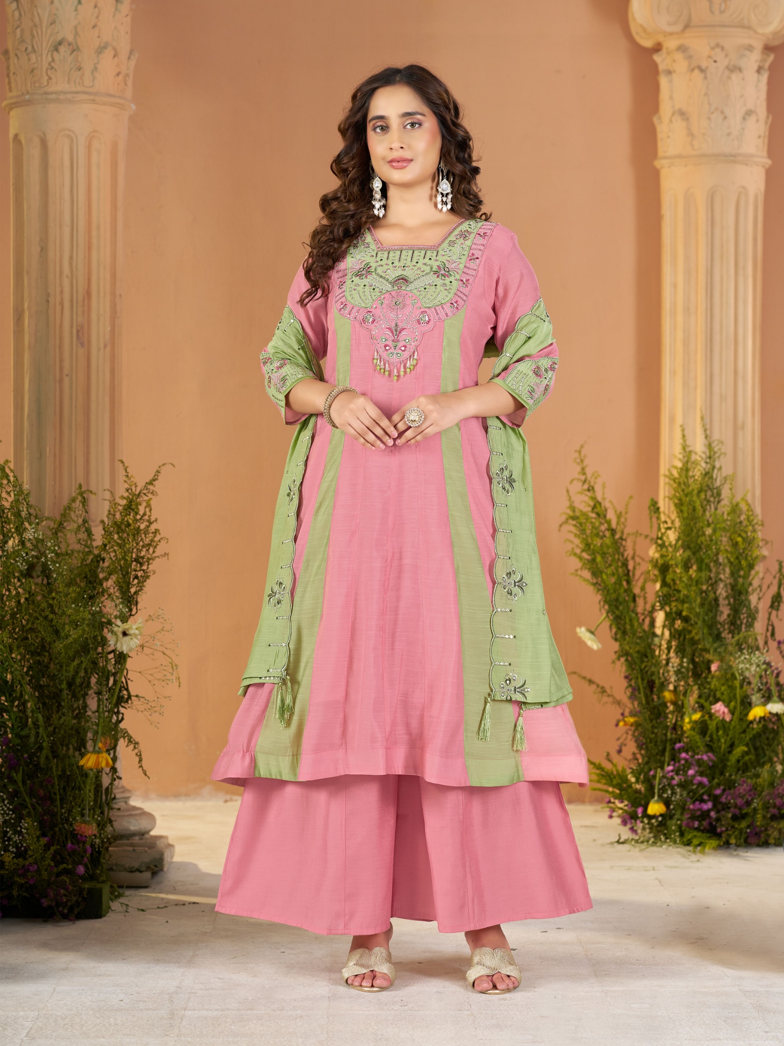 Pink Pista Embroidered Mal Chanderi Palazzo Suit