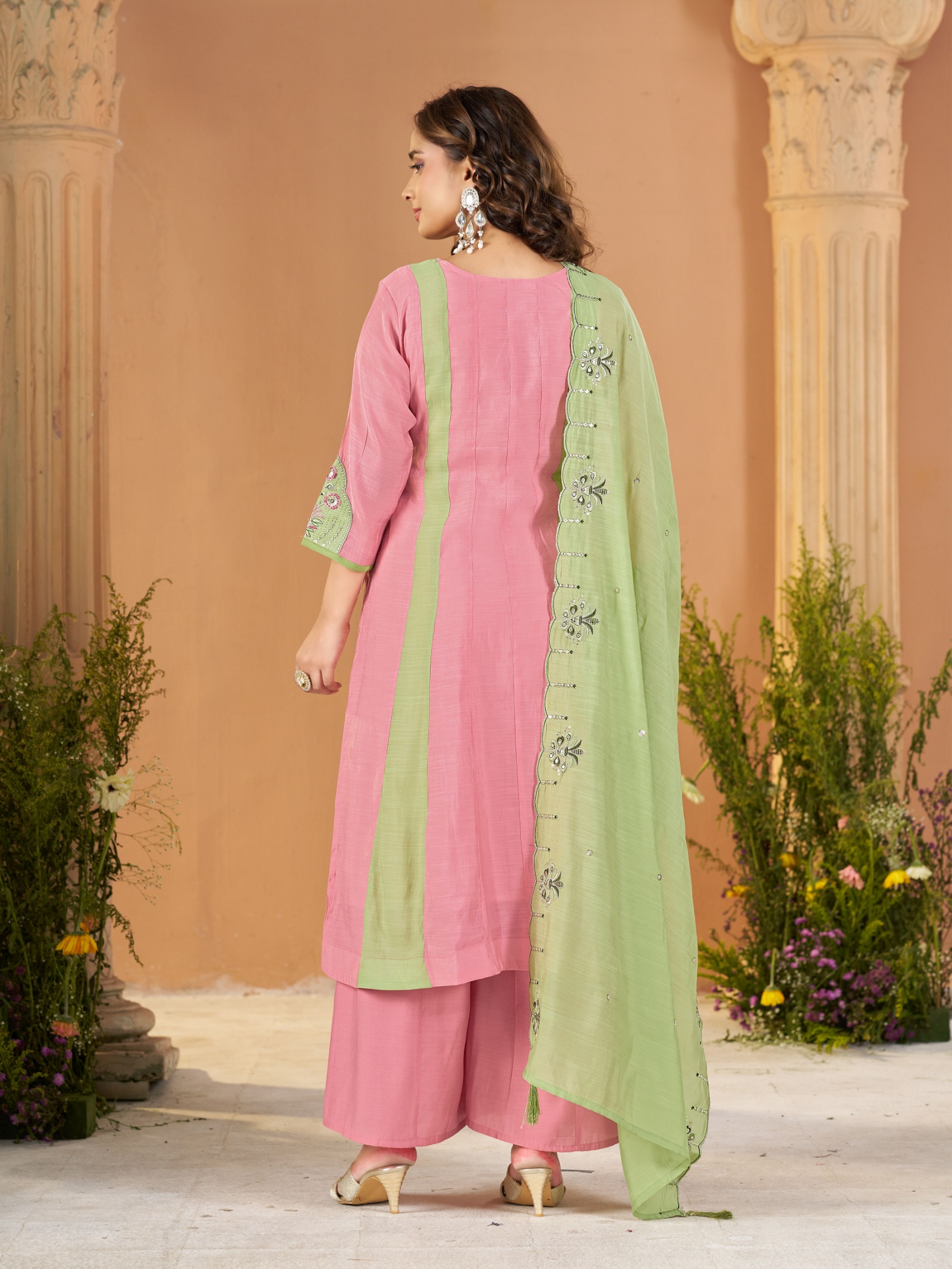 Pink Pista Embroidered Mal Chanderi Palazzo Suit — alternate view