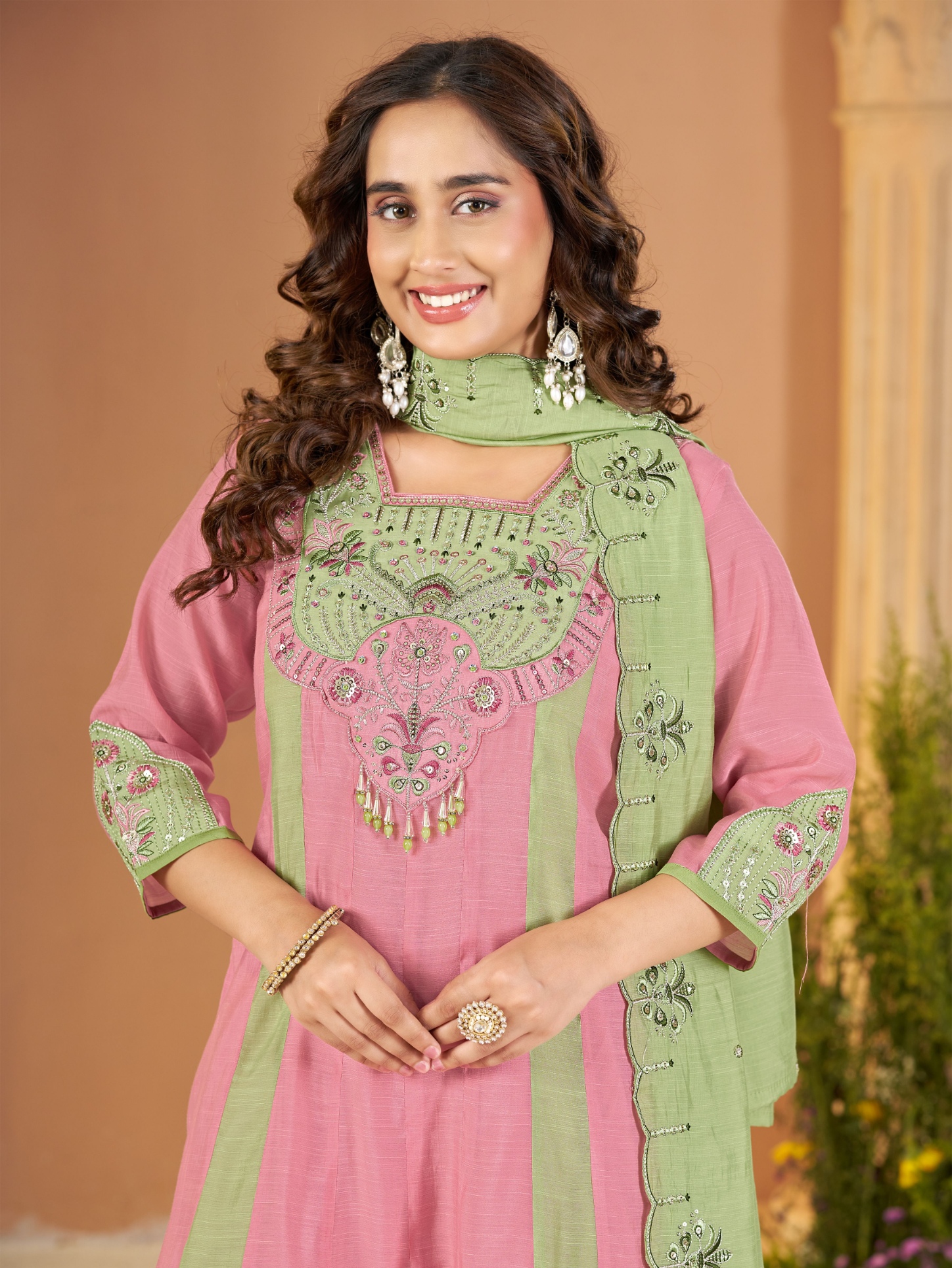 Pink Pista Embroidered Mal Chanderi Palazzo Suit