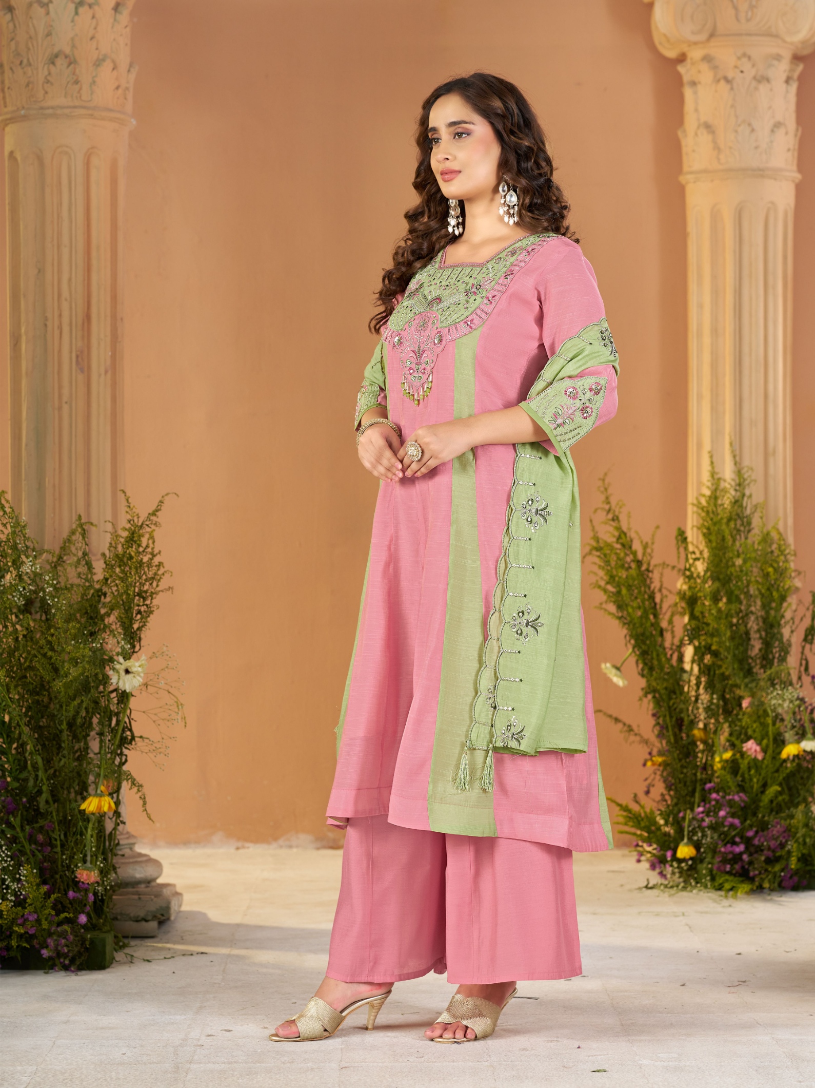Pink Pista Embroidered Mal Chanderi Palazzo Suit