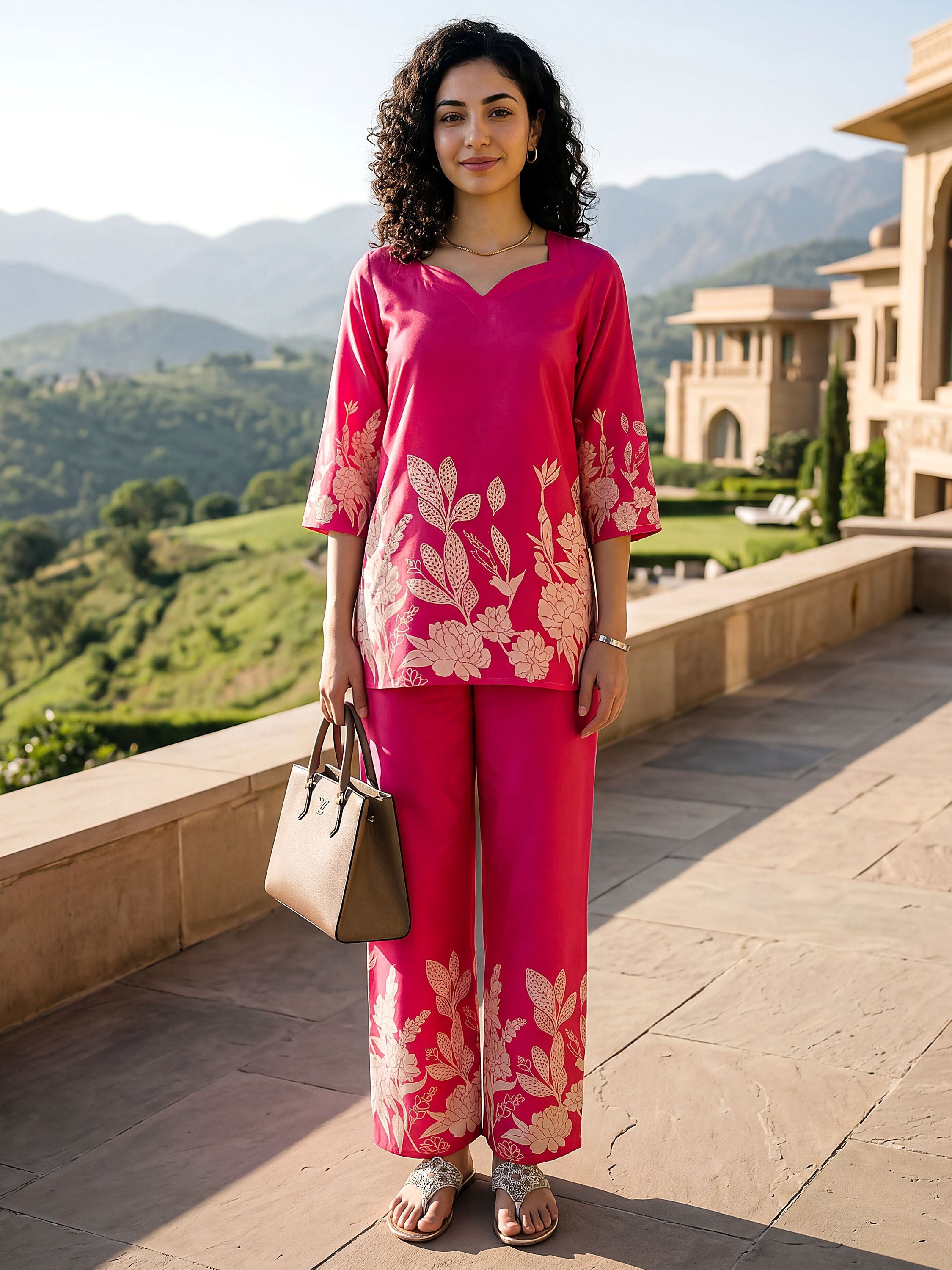 Pink Placement Floral Digital Print Rayon Blend Co-Ord Set