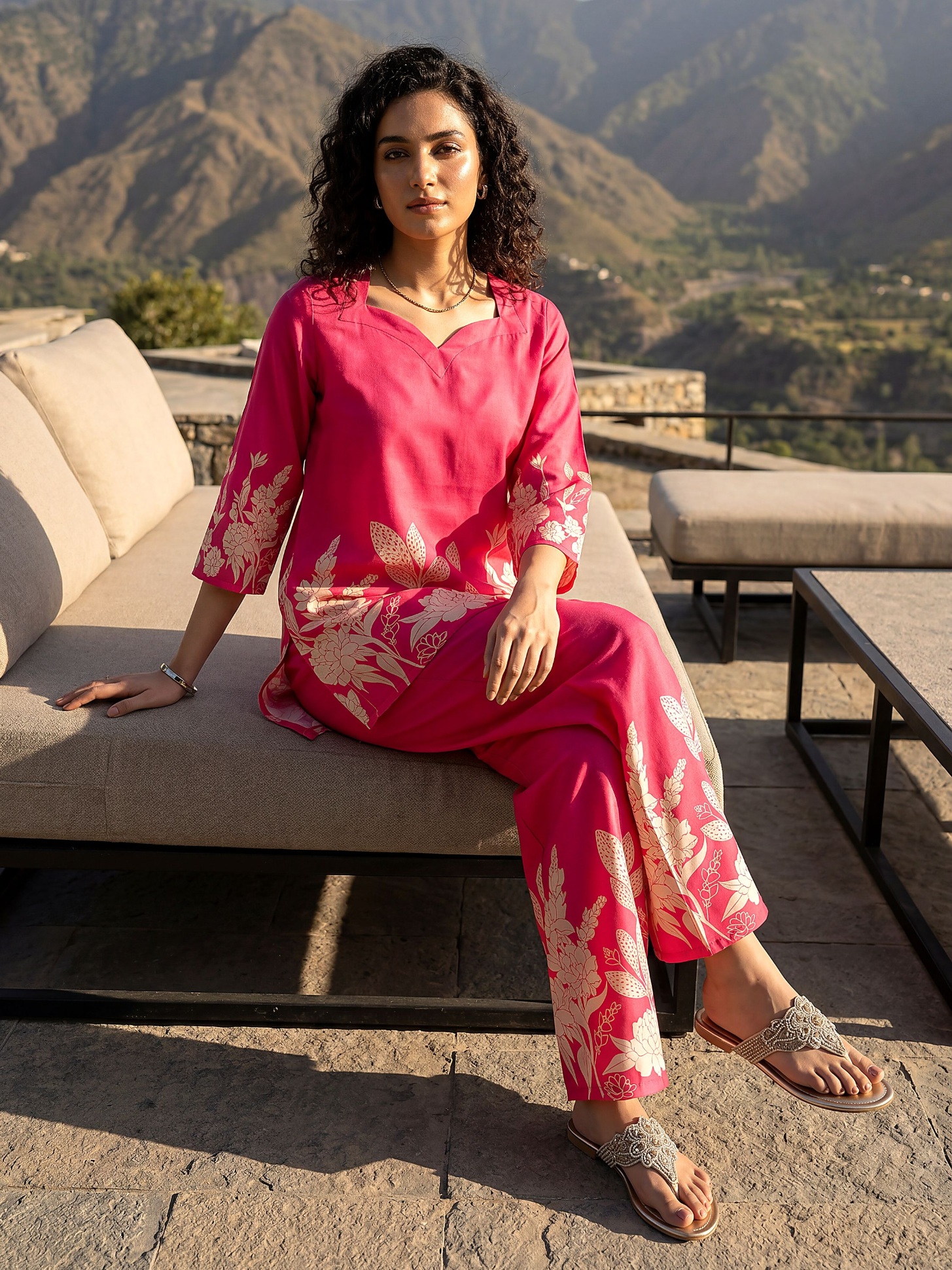 Pink Placement Floral Digital Print Rayon Blend Co-Ord Set