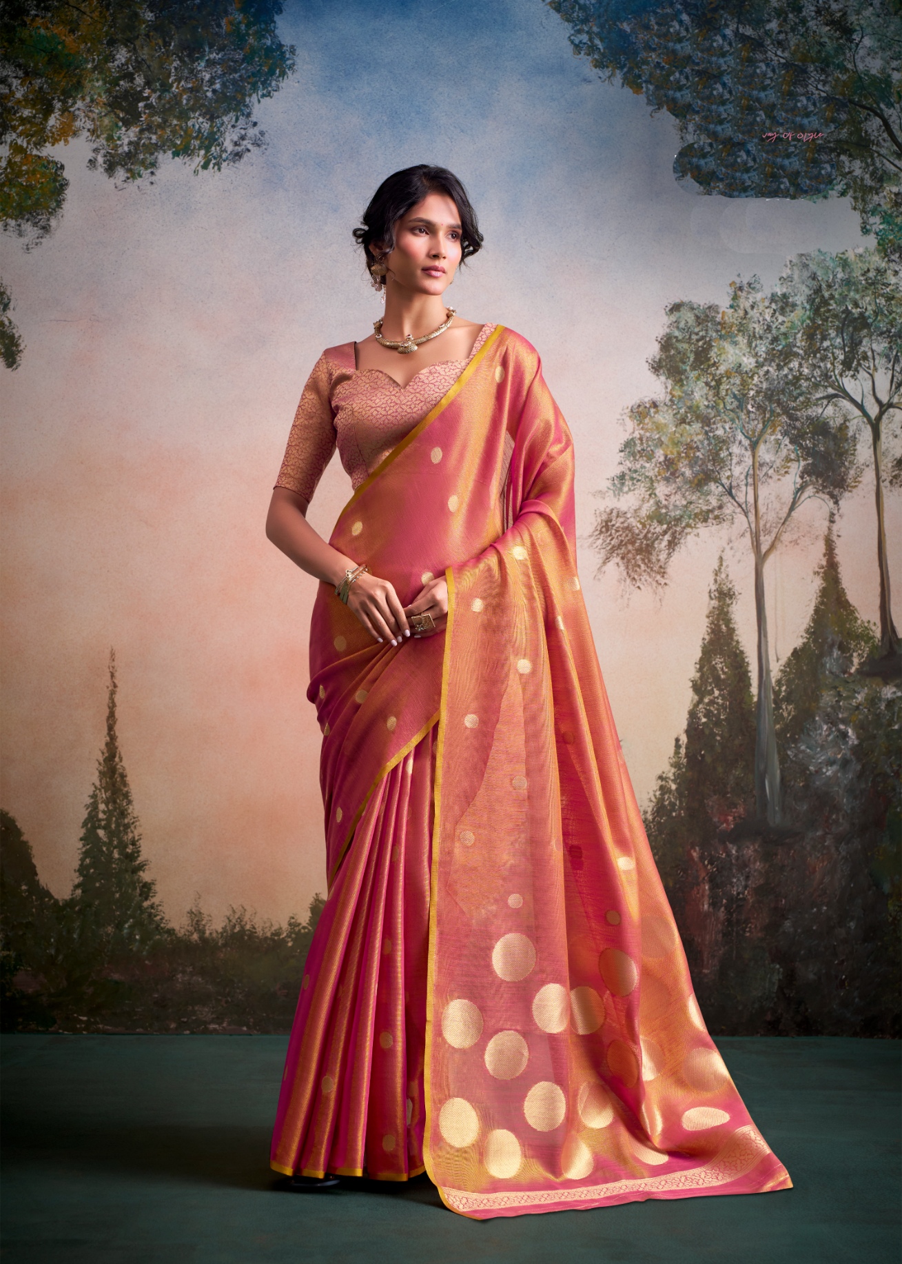 Pink Polka Jacquard Tissue Silk Elegant Saree