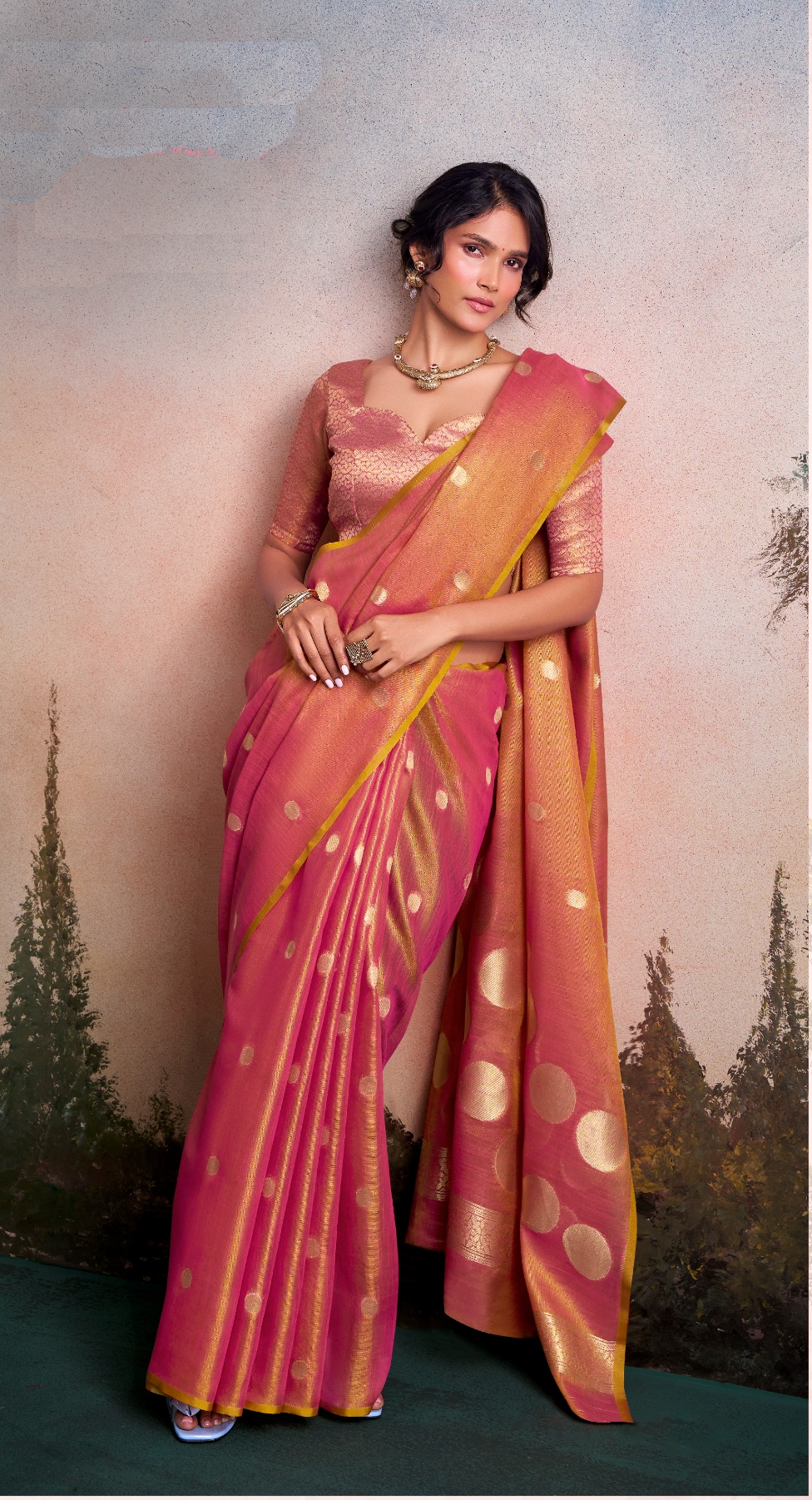 Pink Polka Jacquard Tissue Silk Elegant Saree
