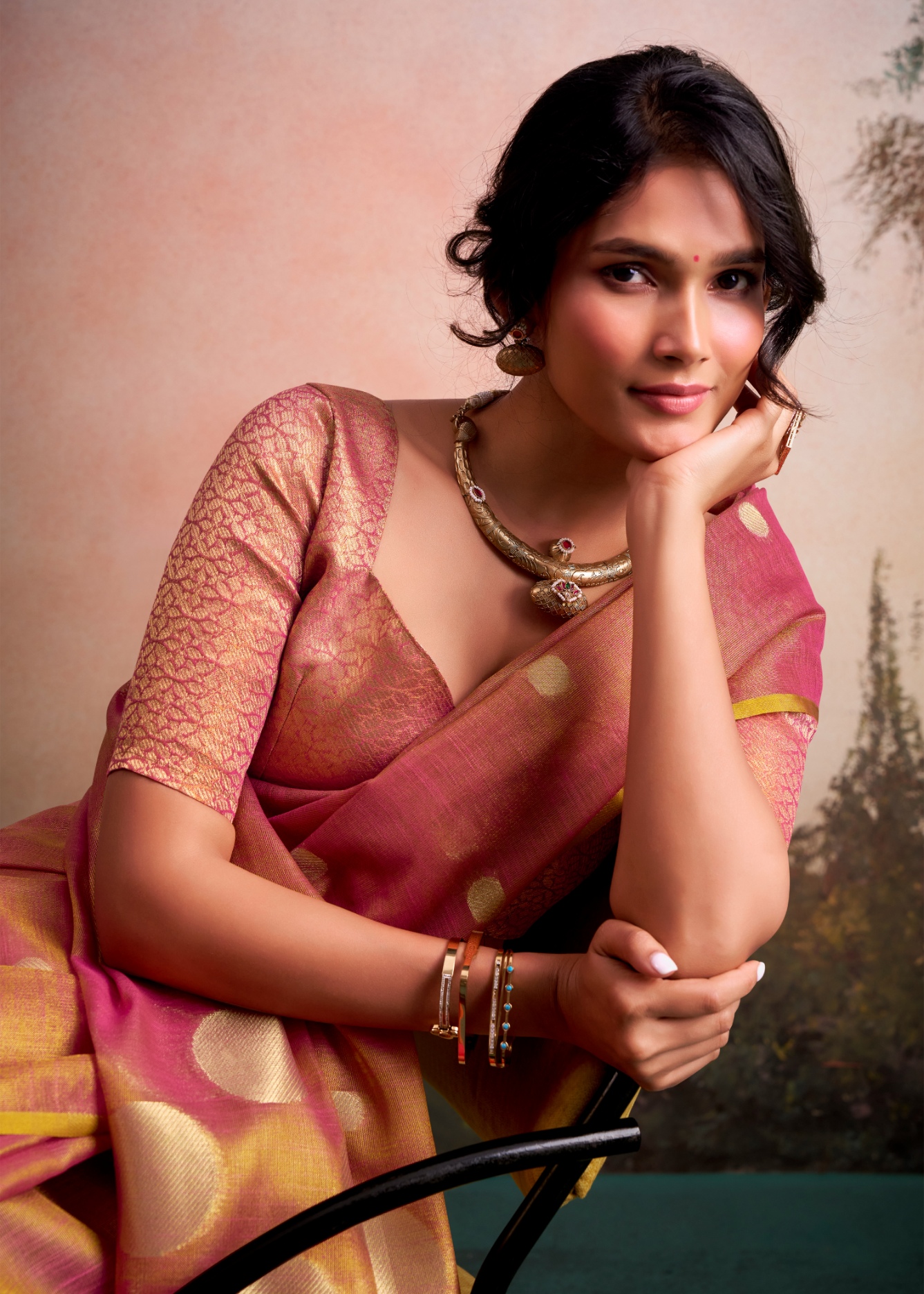 Pink Polka Jacquard Tissue Silk Elegant Saree