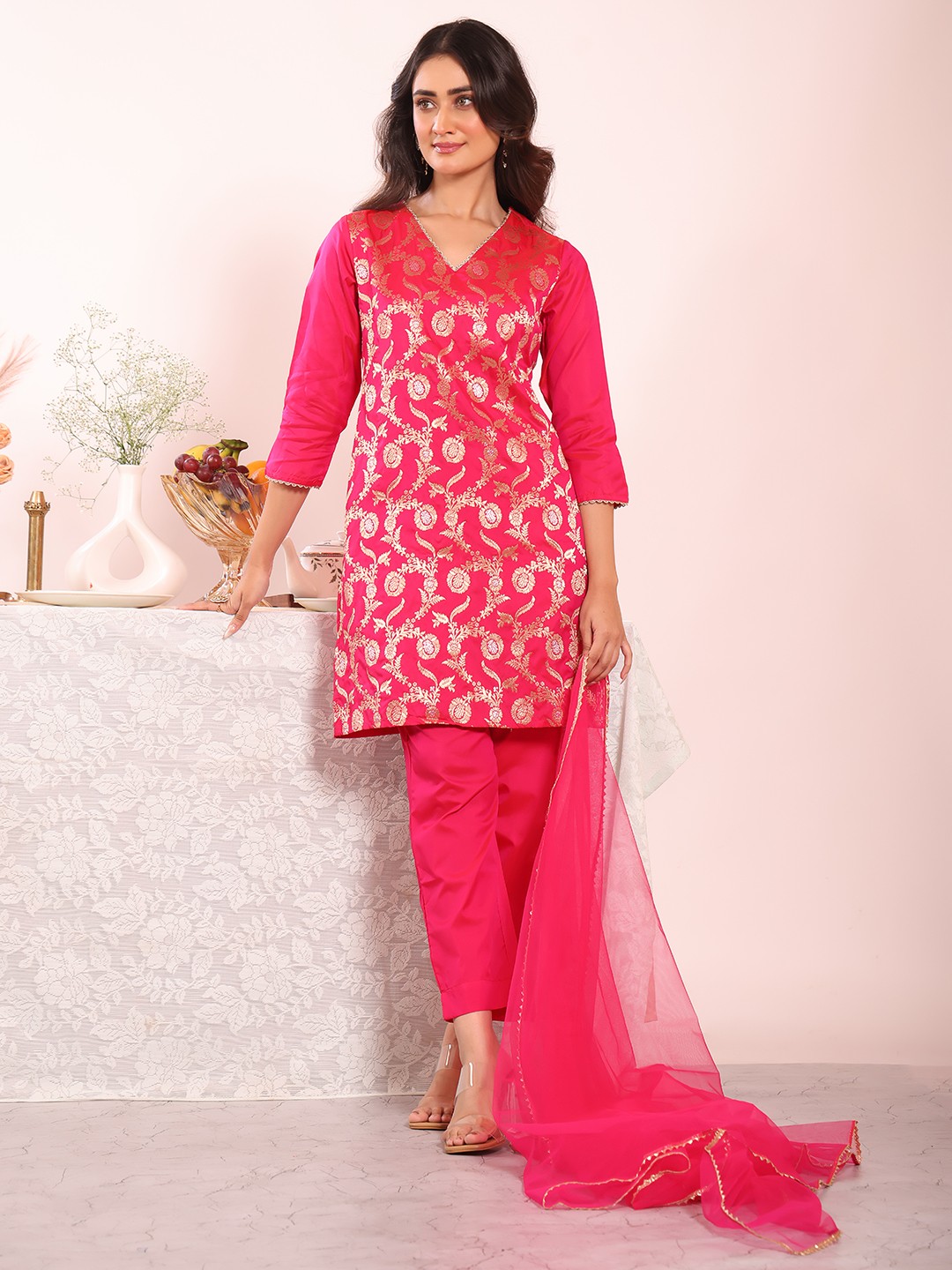 Pink Poly Silk Woven Salwar Suit