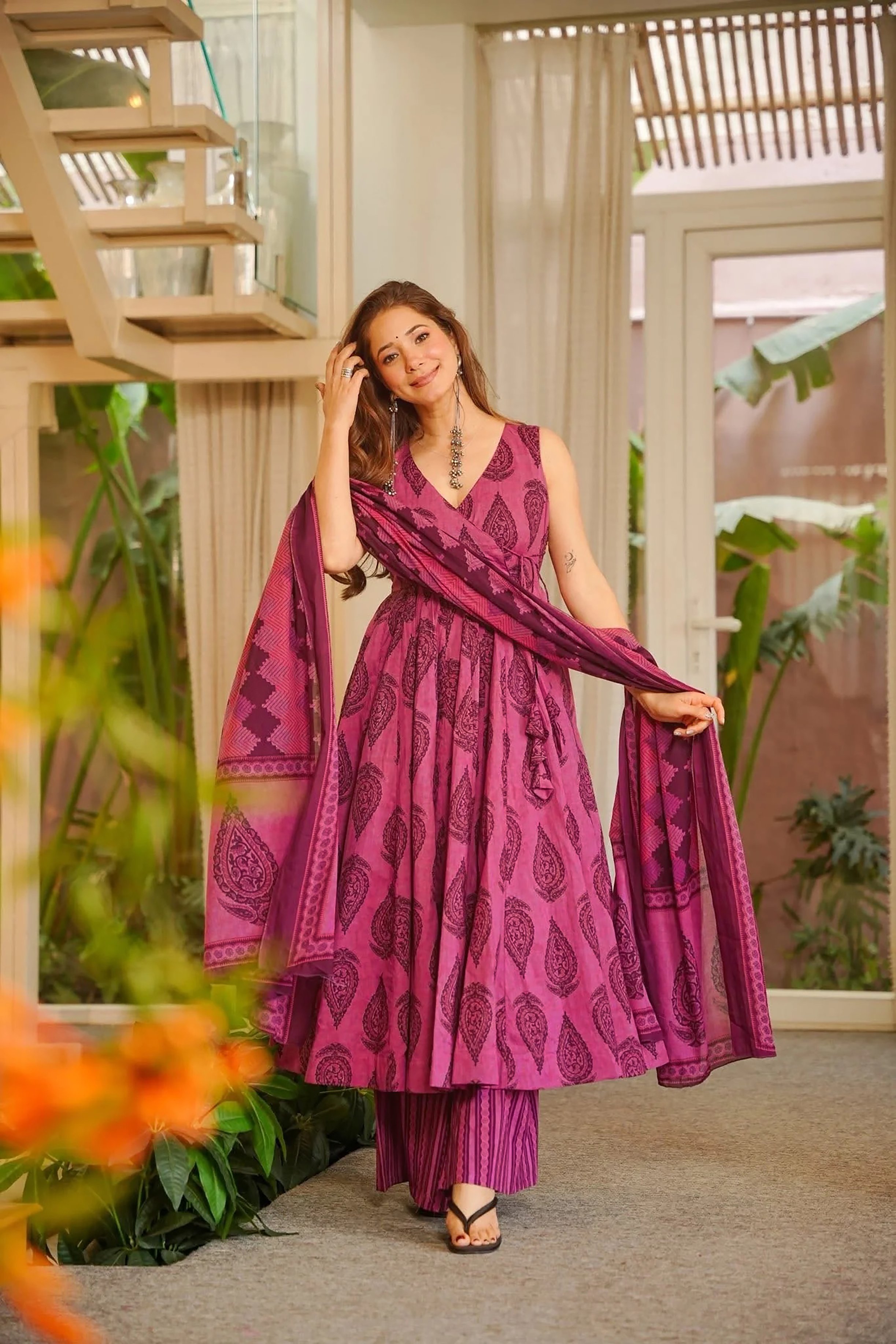 Pink Printed A-Line Palazzo Suit