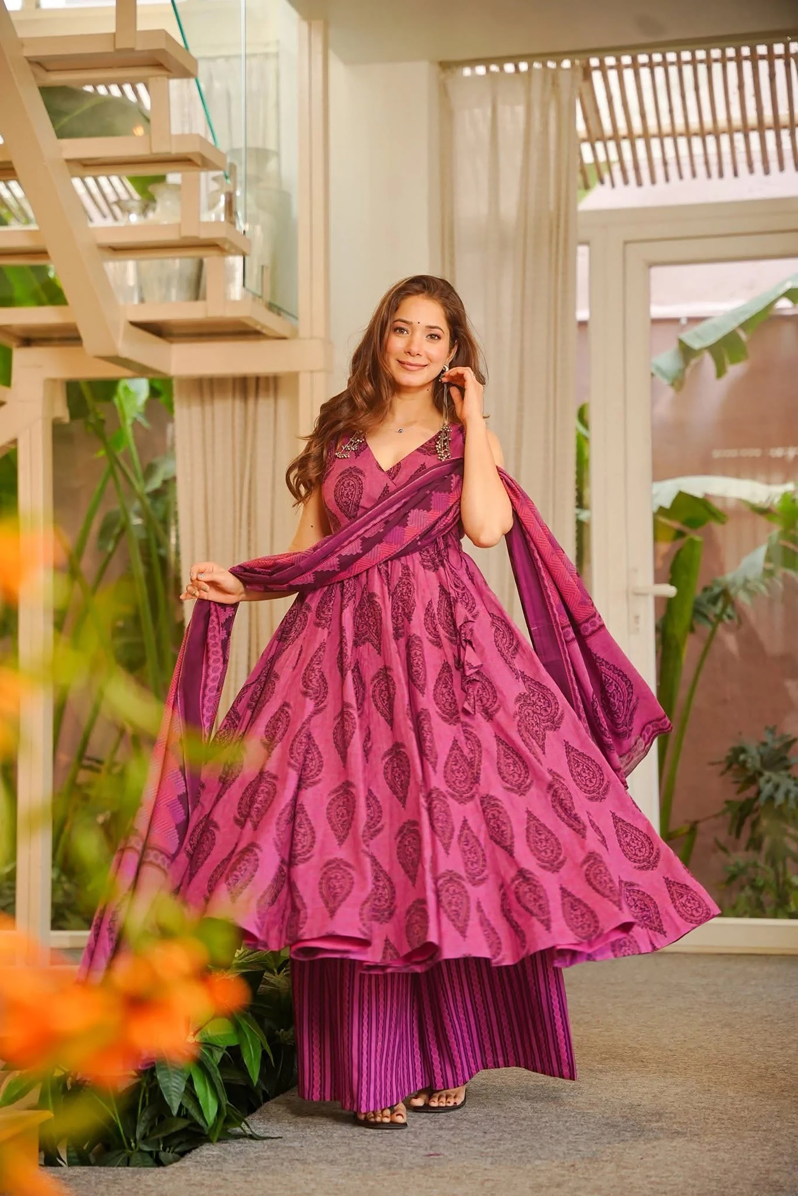 Pink Printed A-Line Palazzo Suit