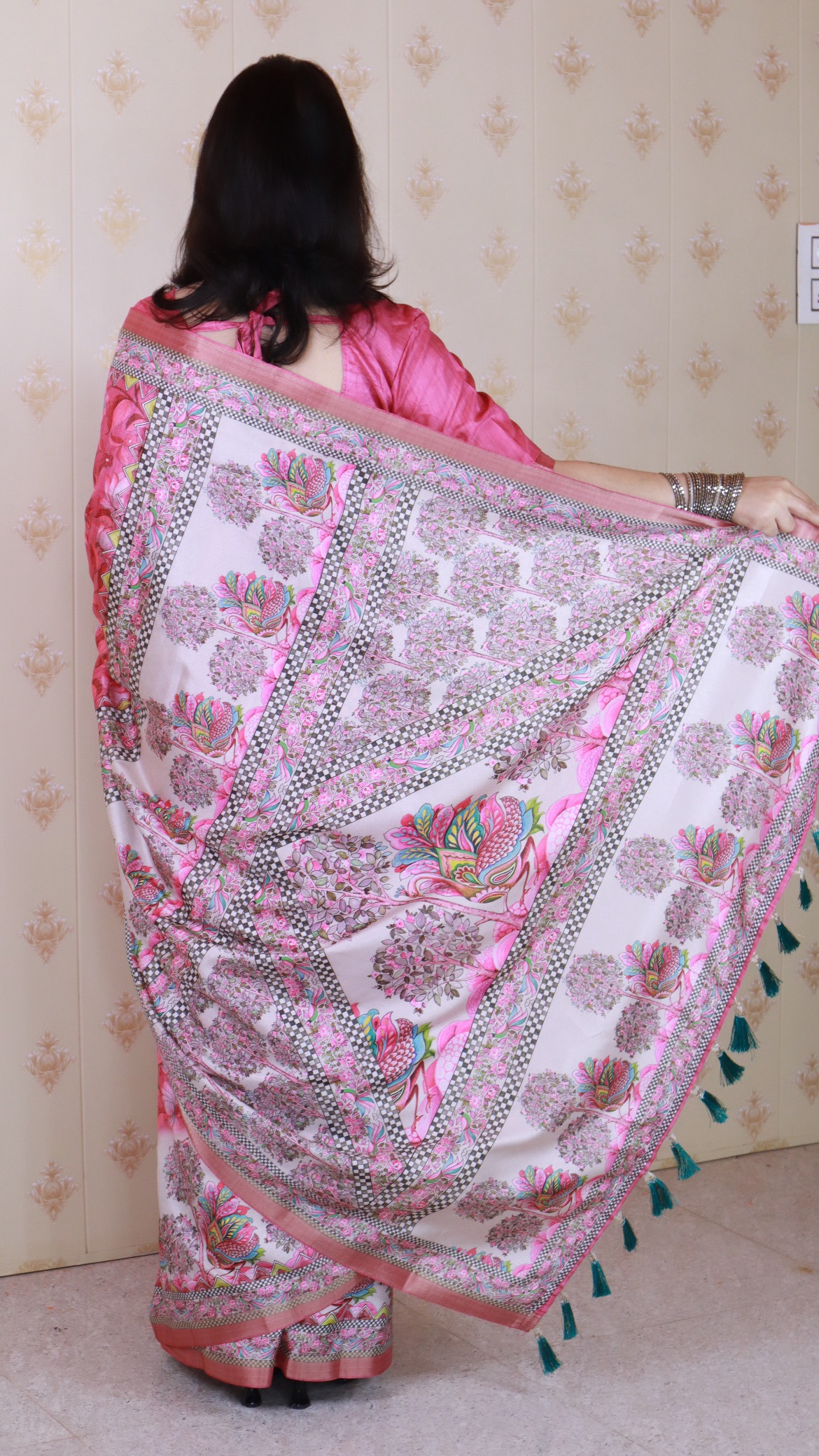Pink Printed Madhubani Tussar Silk Saree — alternate view