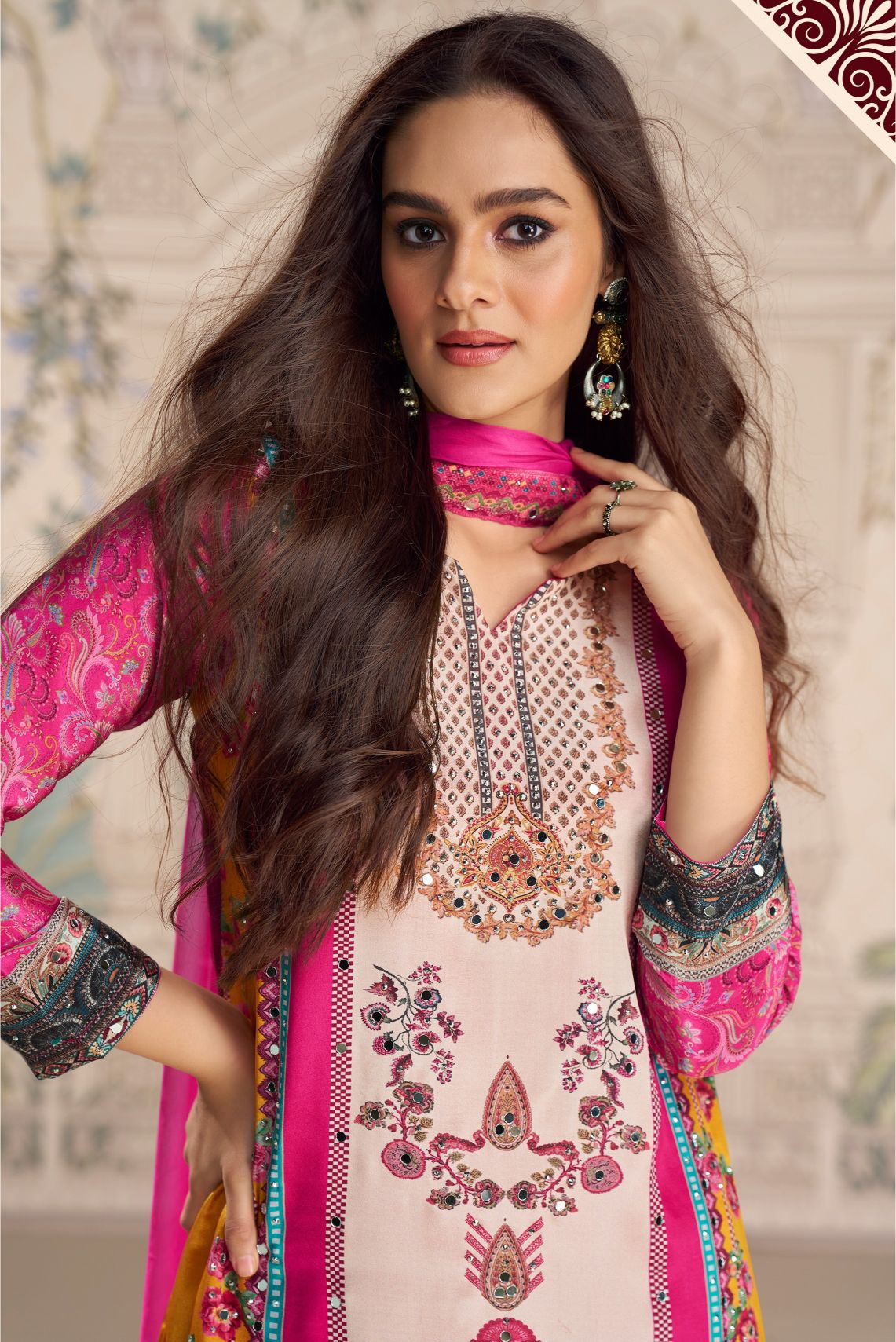 Pink Printed N Embroidered Crepe Silk Palazzo Suit