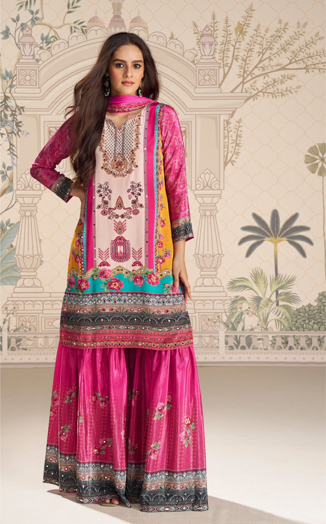 Pink Printed N Embroidered Crepe Silk Palazzo Suit