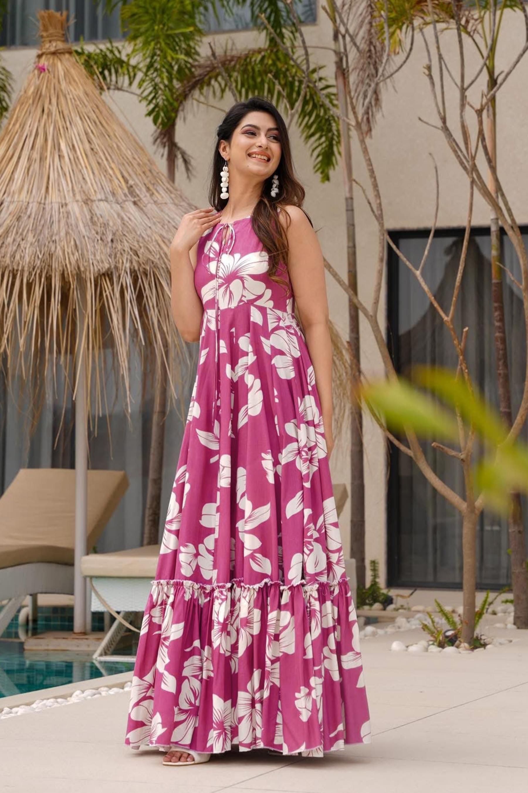 Pink Printed Rayon Gown