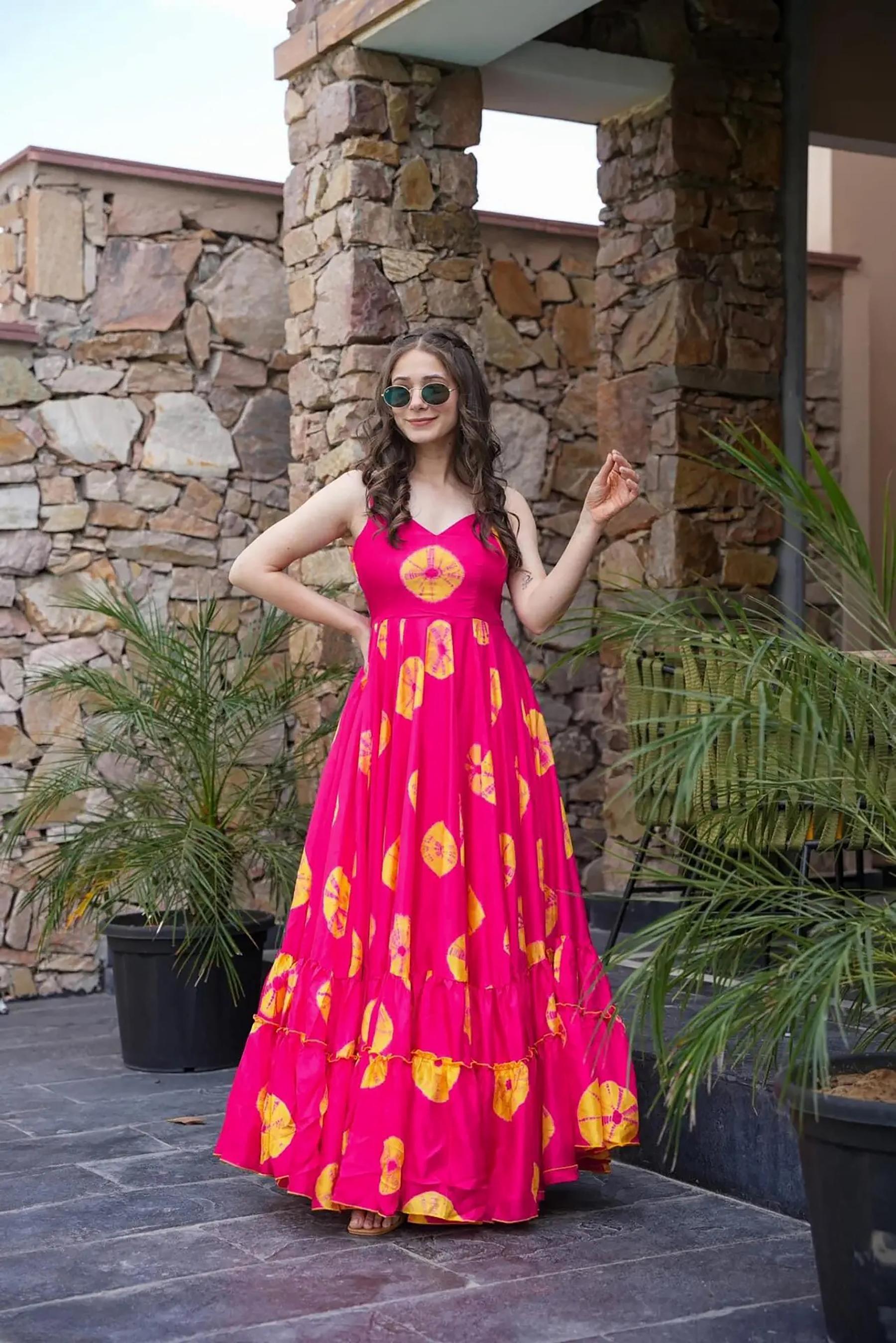 Pink Printed Rayon Gown