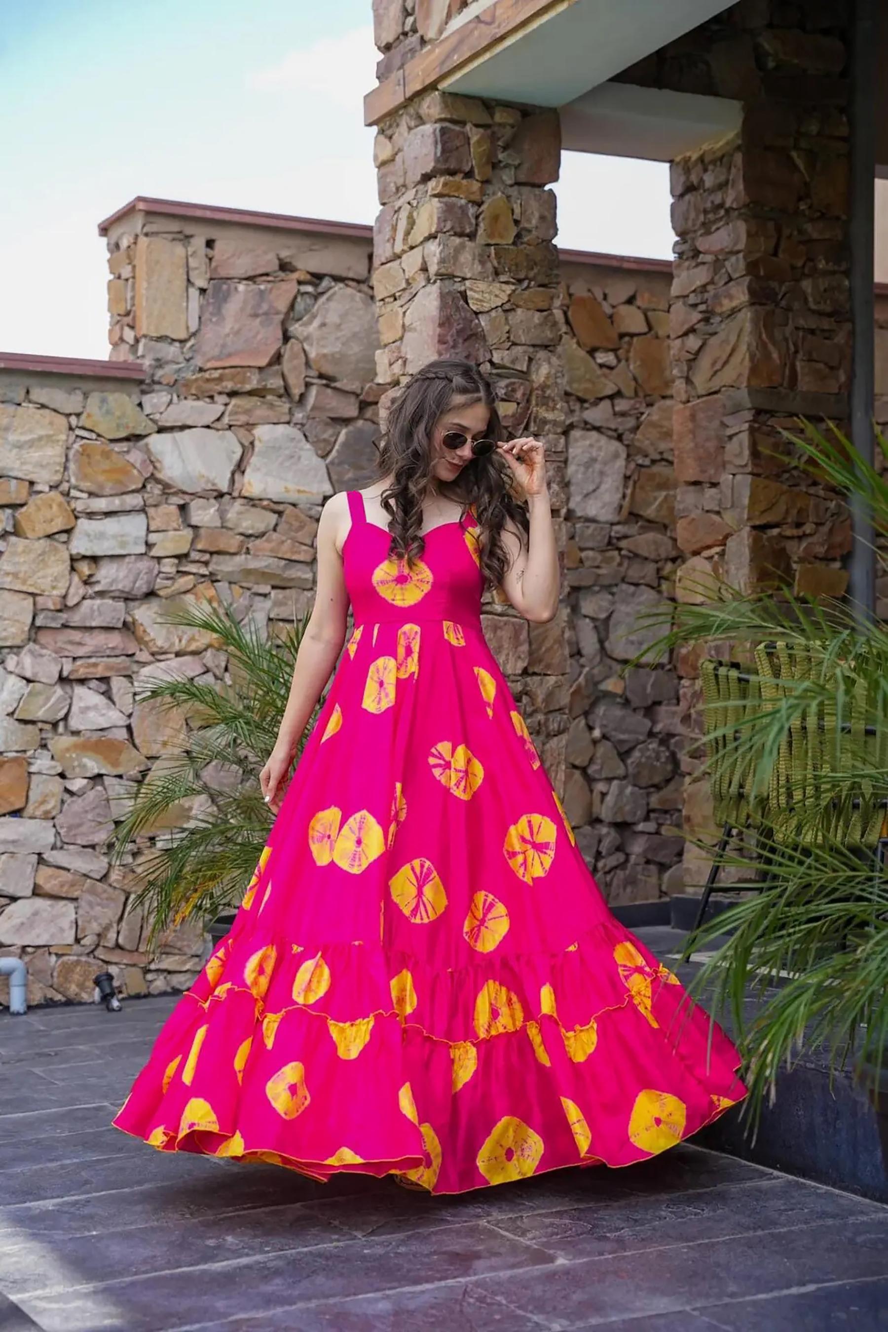 Pink Printed Rayon Gown