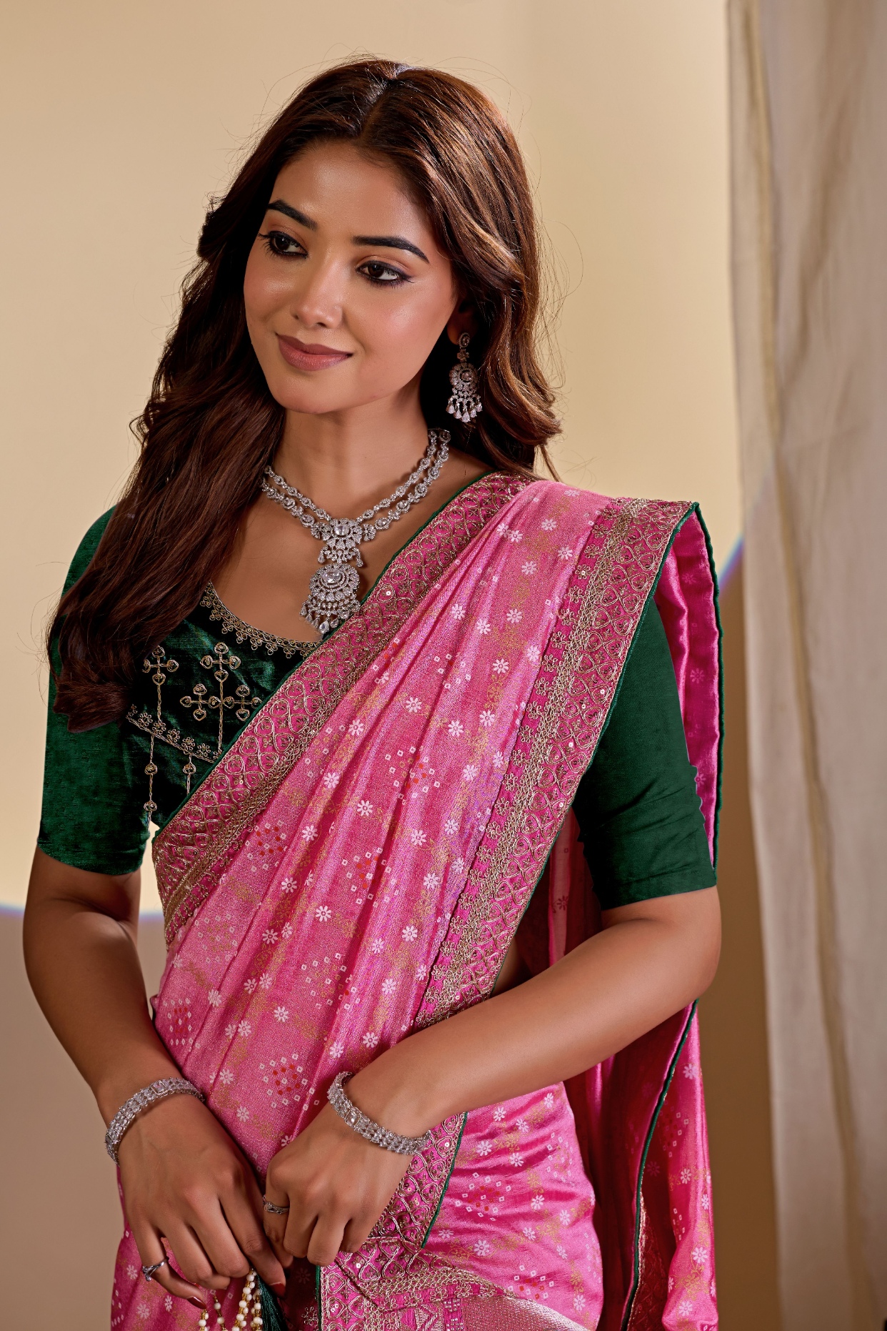 Pink Printed Vichitra Saree