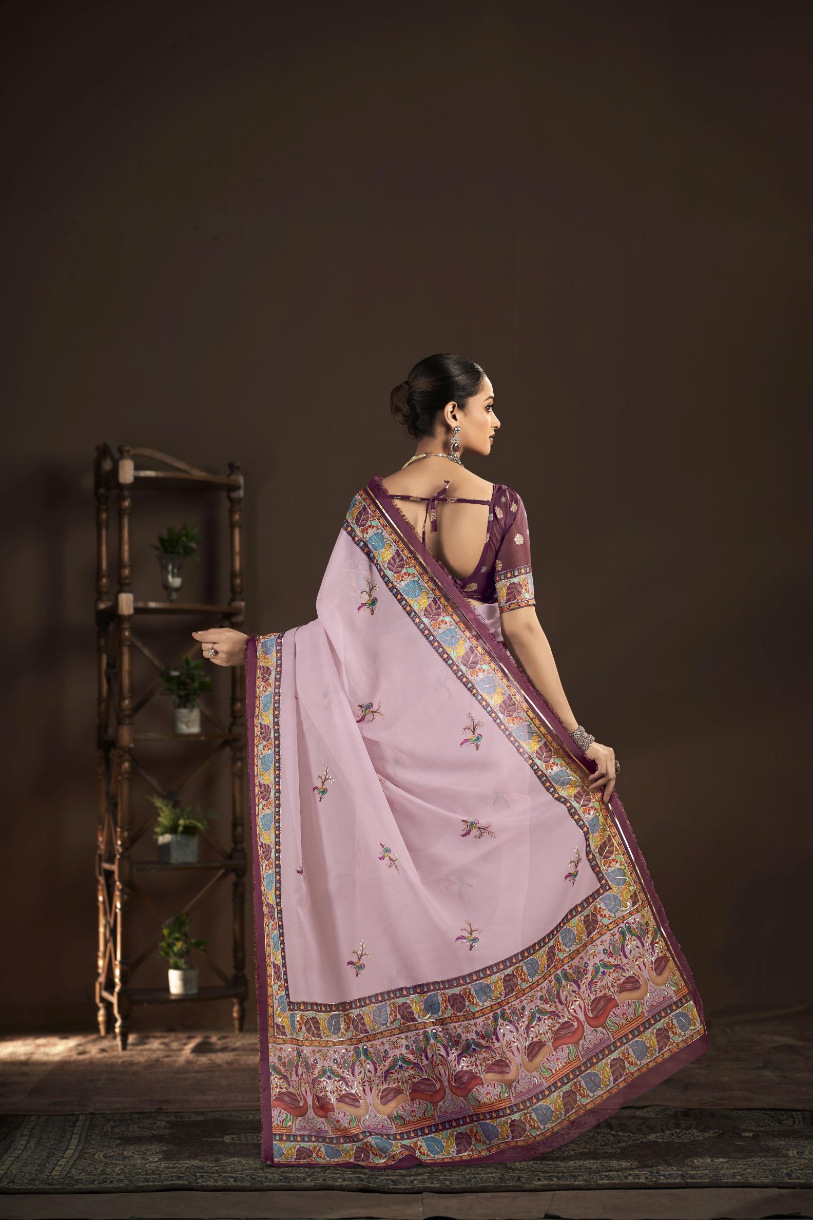 Pink Purple Crepe Silk Foil Printed Saree — alternate view