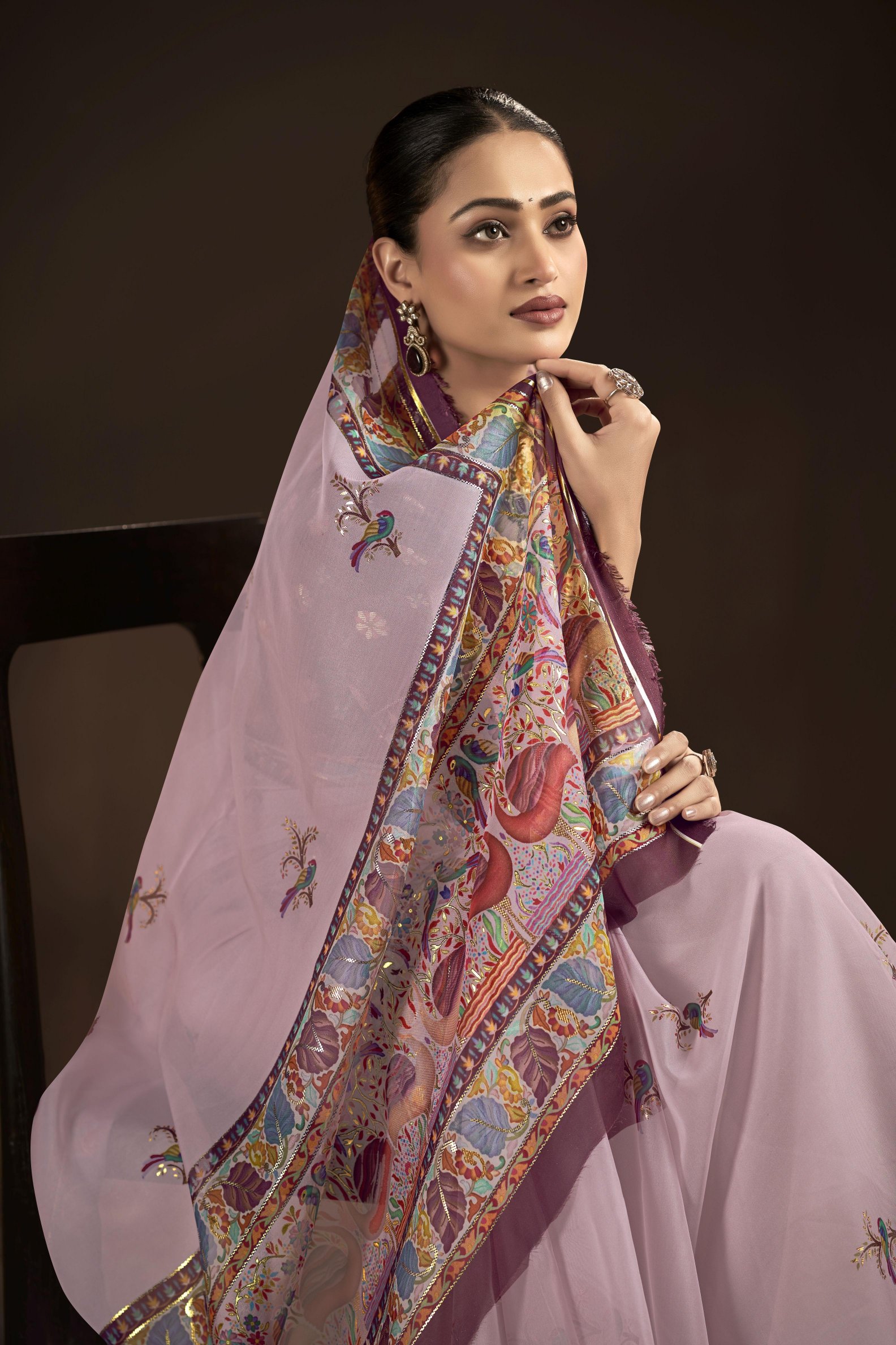 Pink Purple Crepe Silk Foil Printed Saree