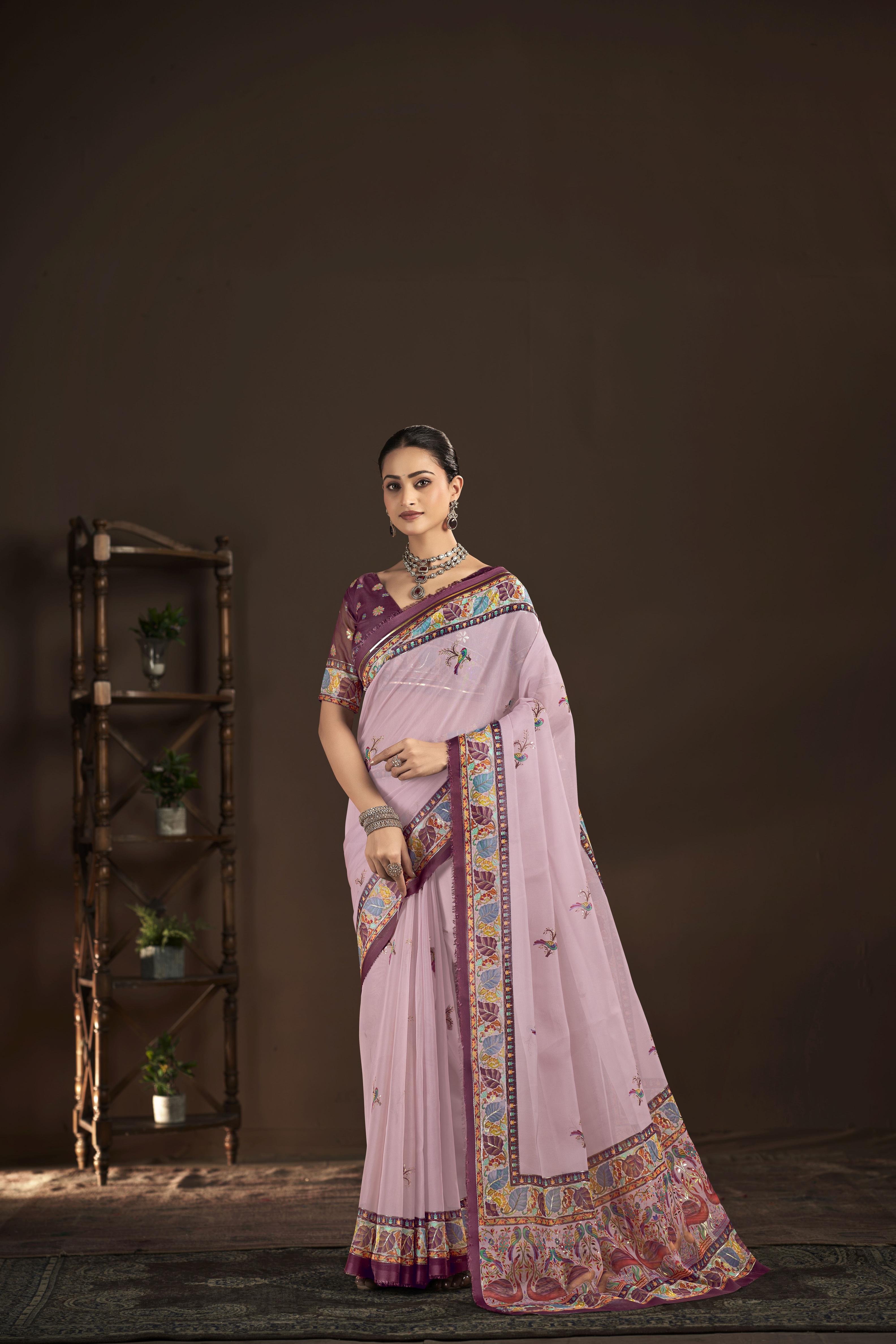 Pink Purple Crepe Silk Foil Printed Saree
