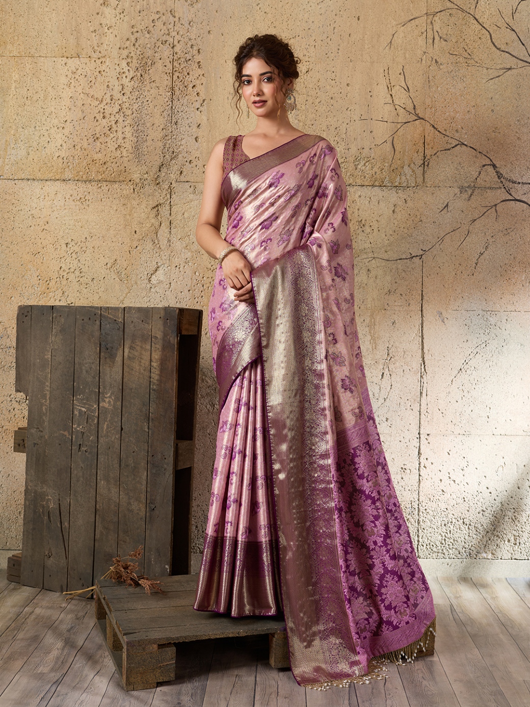 Pink Purple Floral Woven Soft Silk Designer Saree