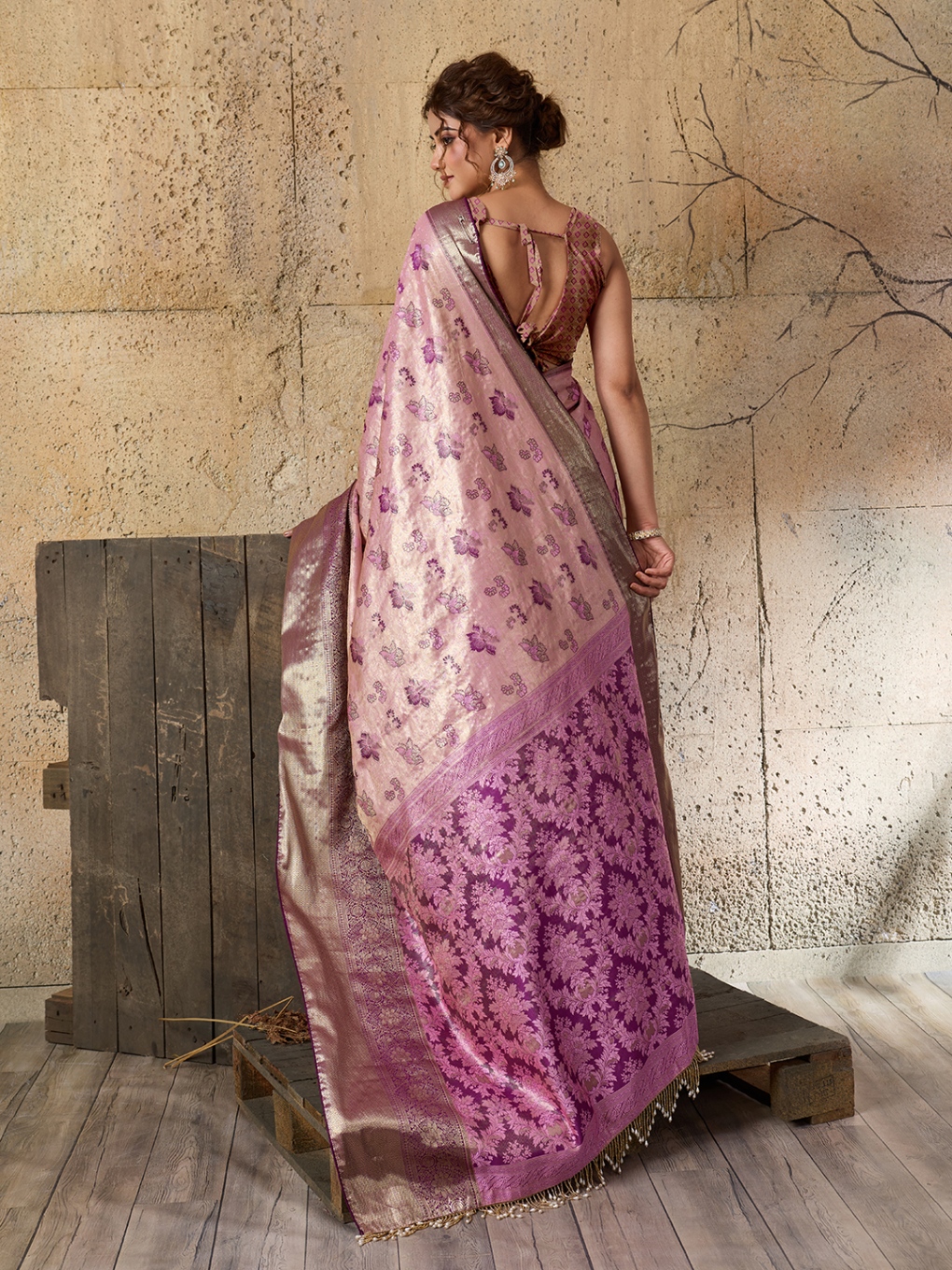 Pink Purple Floral Woven Soft Silk Designer Saree — alternate view