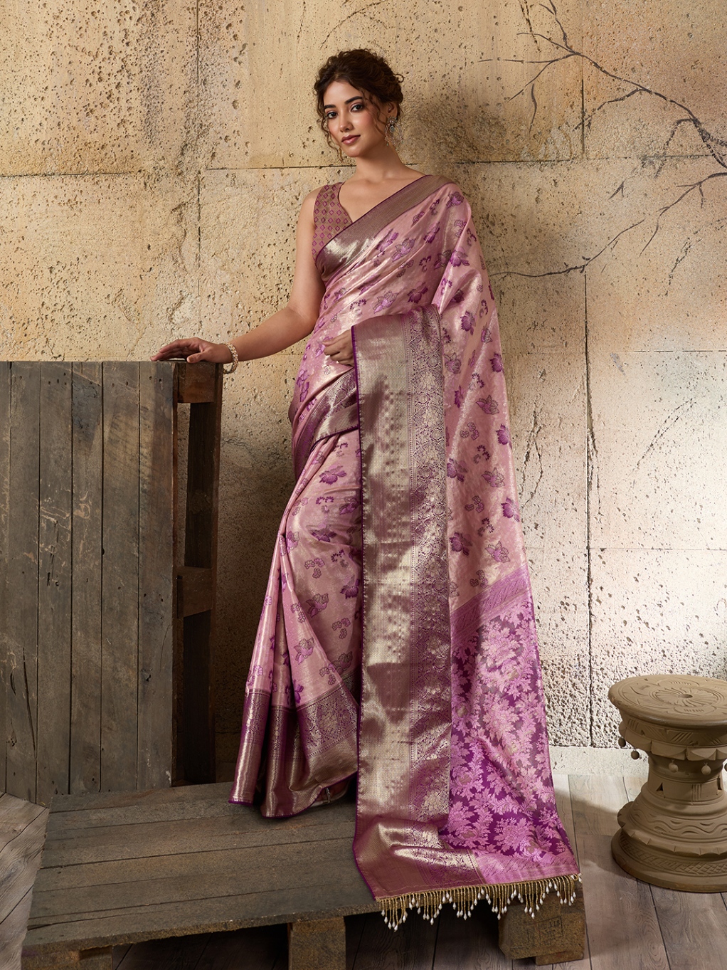 Pink Purple Floral Woven Soft Silk Designer Saree