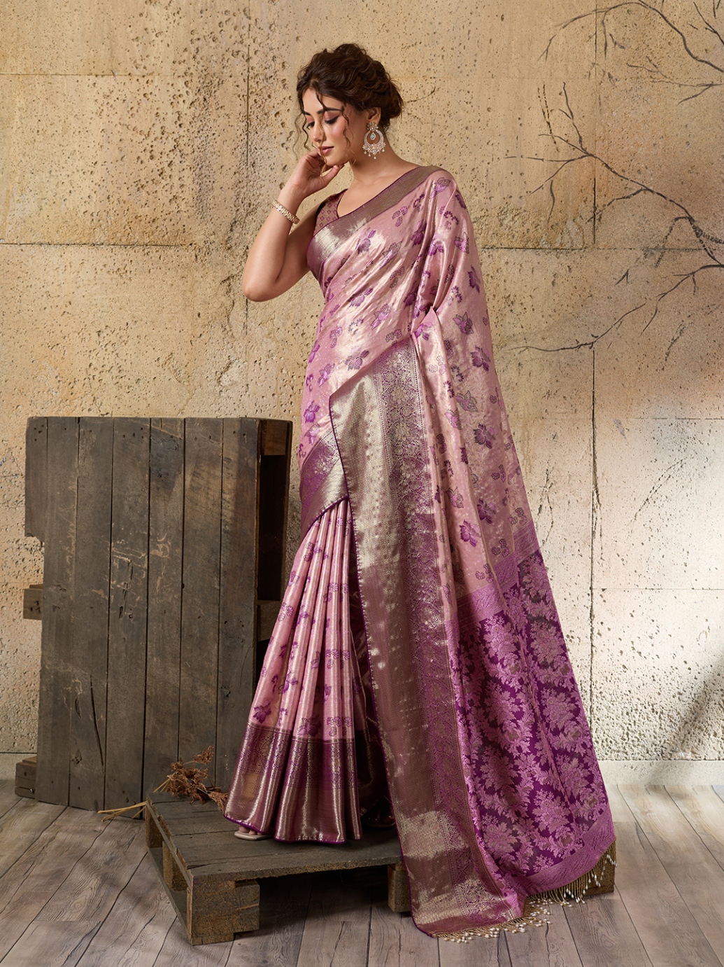 Pink Purple Floral Woven Soft Silk Designer Saree