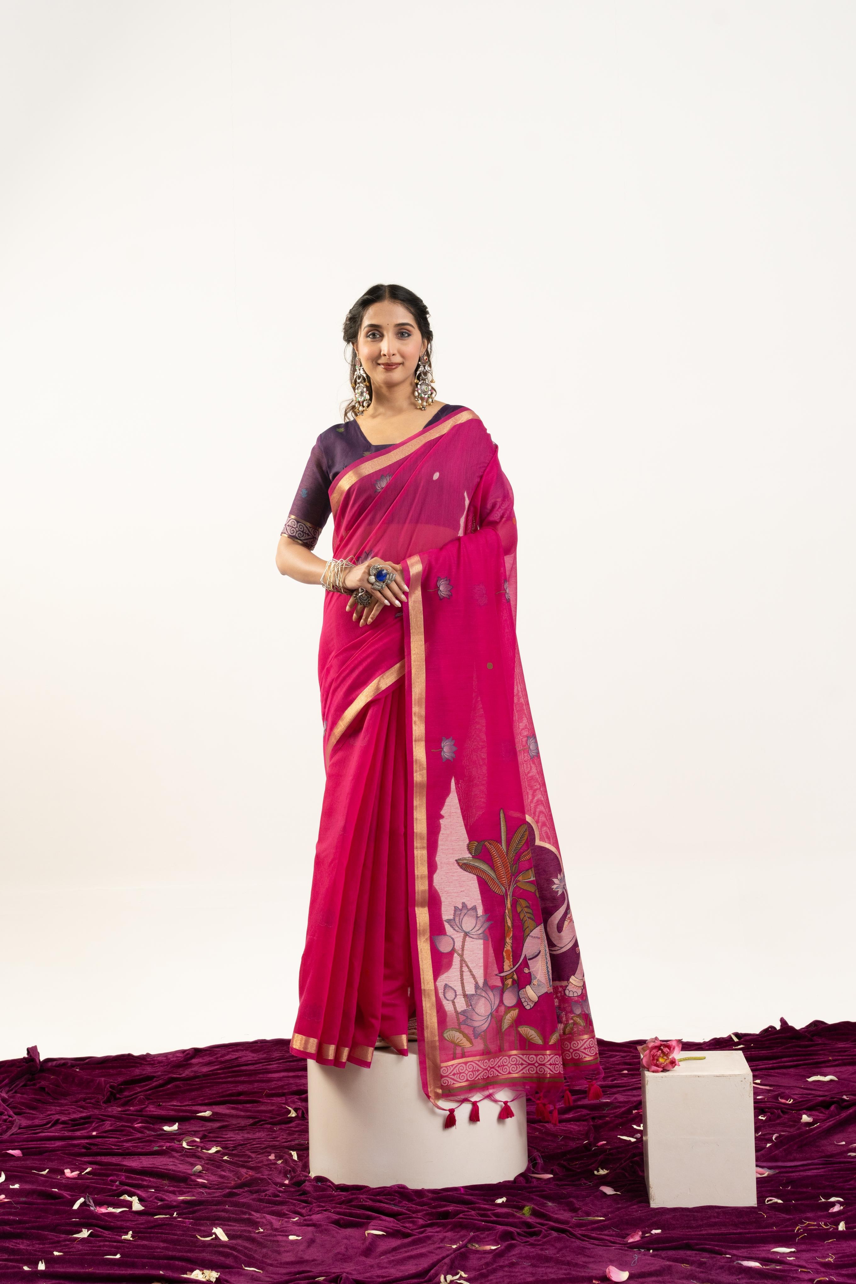 Pink Purple Rajwadi Woven Muga Cotton Saree