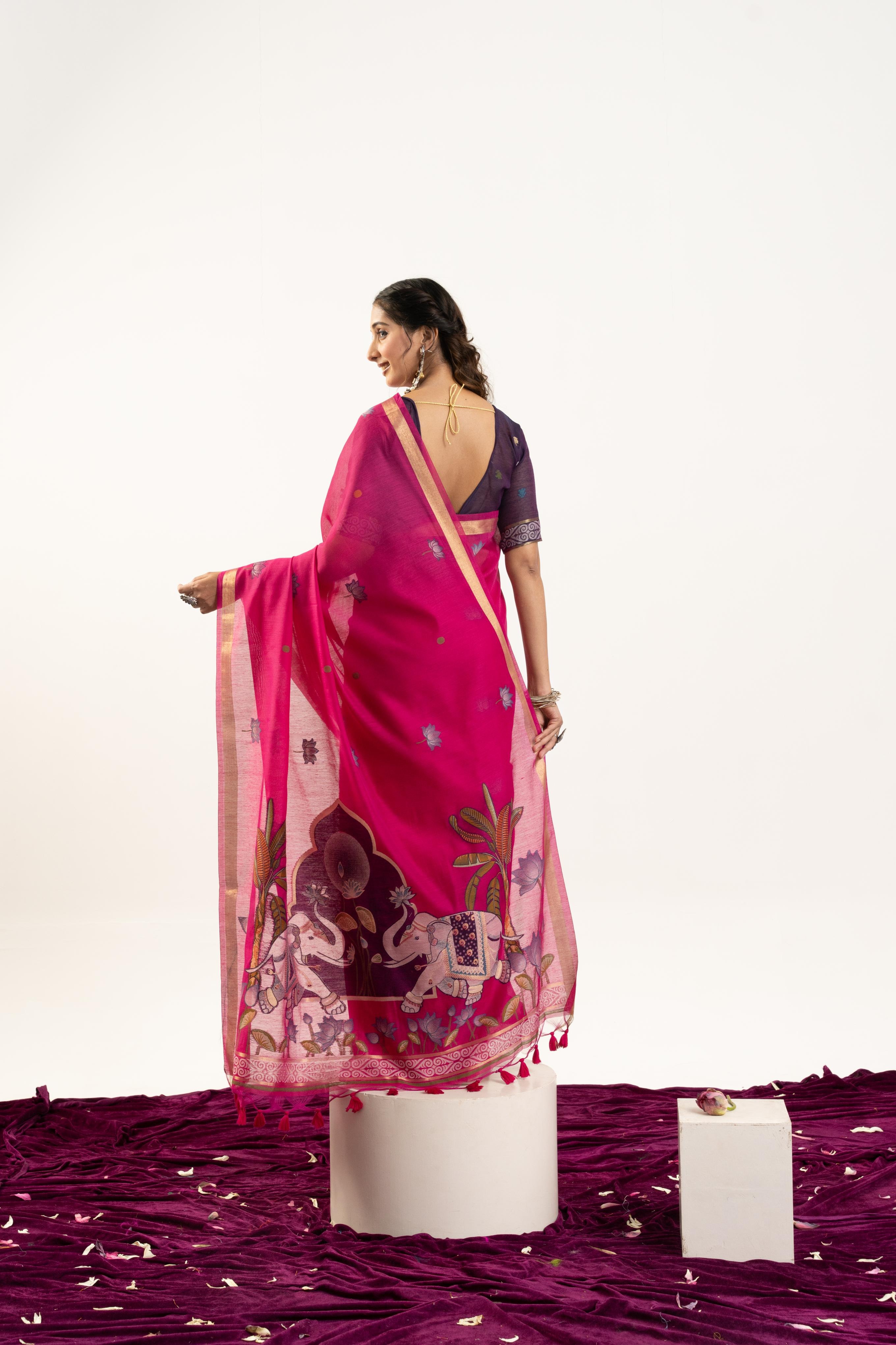 Pink Purple Rajwadi Woven Muga Cotton Saree — alternate view