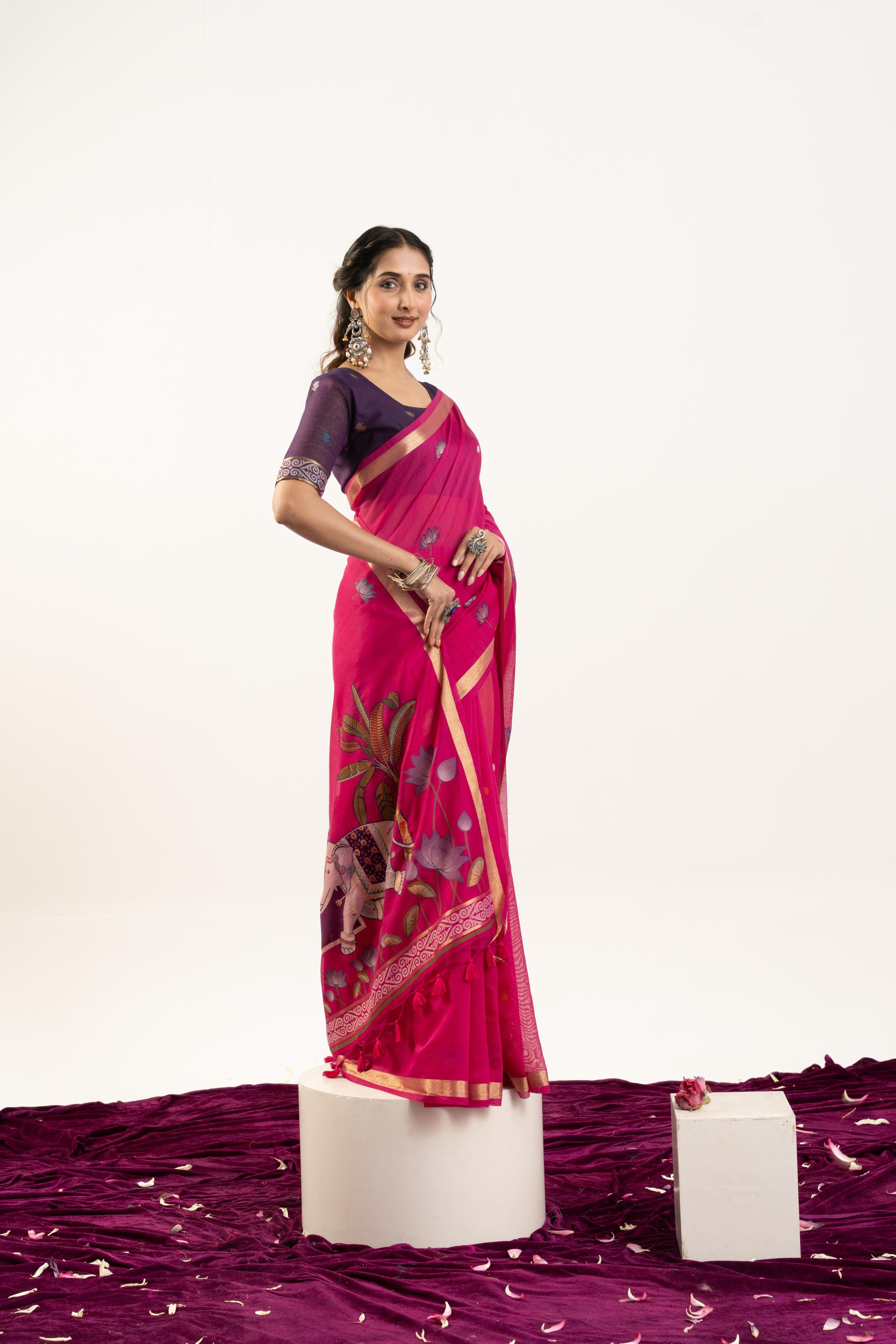 Pink Purple Rajwadi Woven Muga Cotton Saree