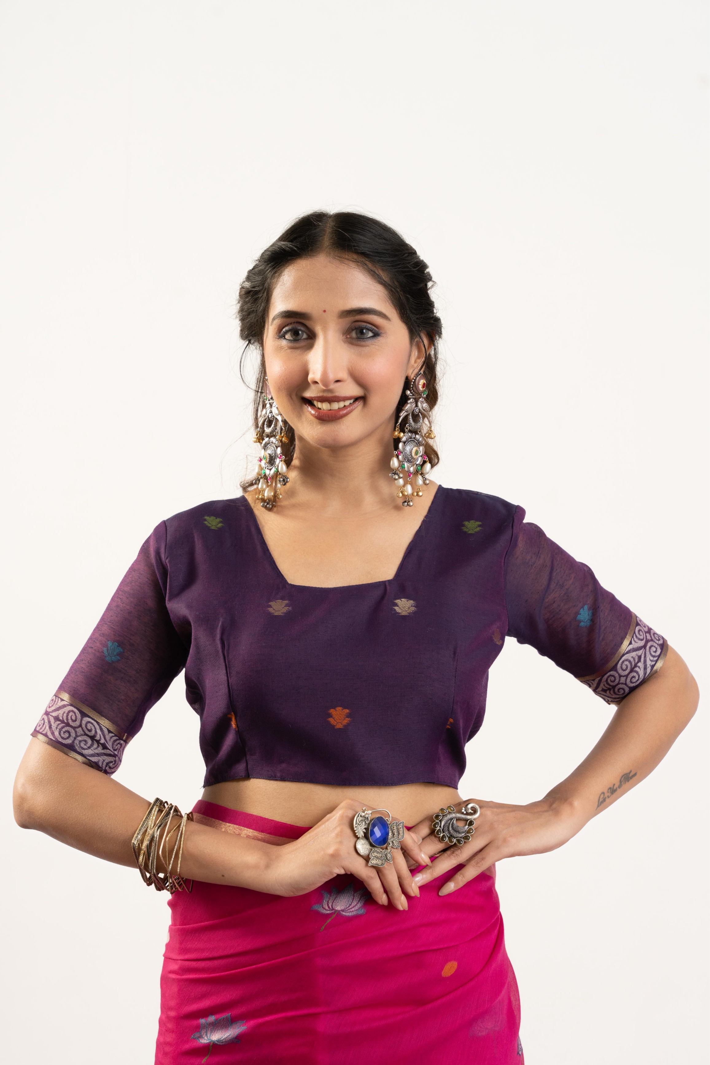 Pink Purple Rajwadi Woven Muga Cotton Saree