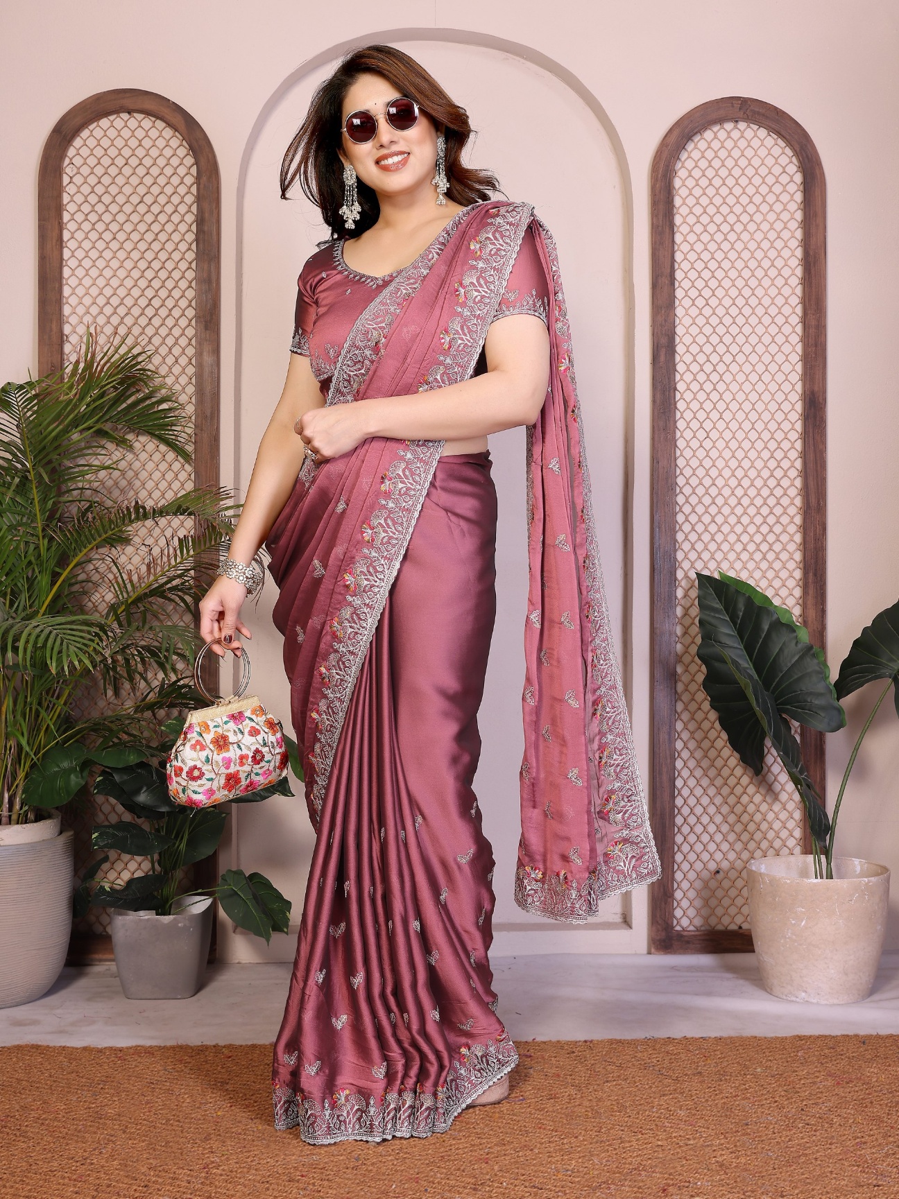Pink Rangoli Silk Floral Embroidered Fluid Saree