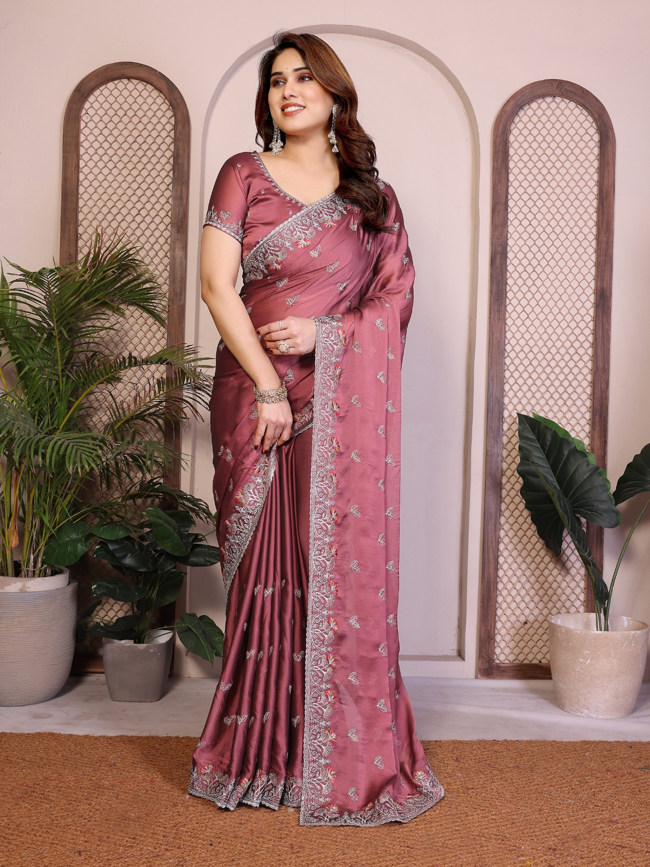 Pink Rangoli Silk Floral Embroidered Fluid Saree