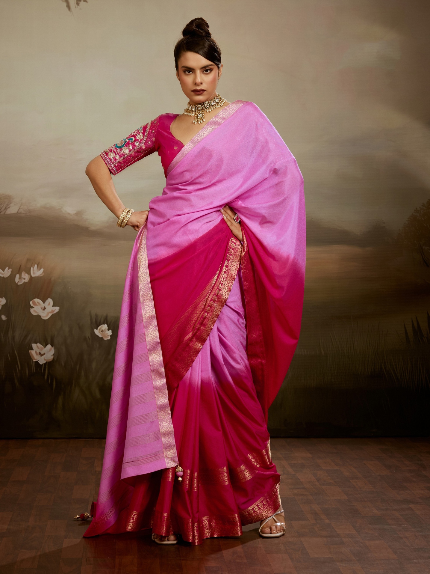 Pink Rani Floral Zari Soft Chiffon Silk Saree