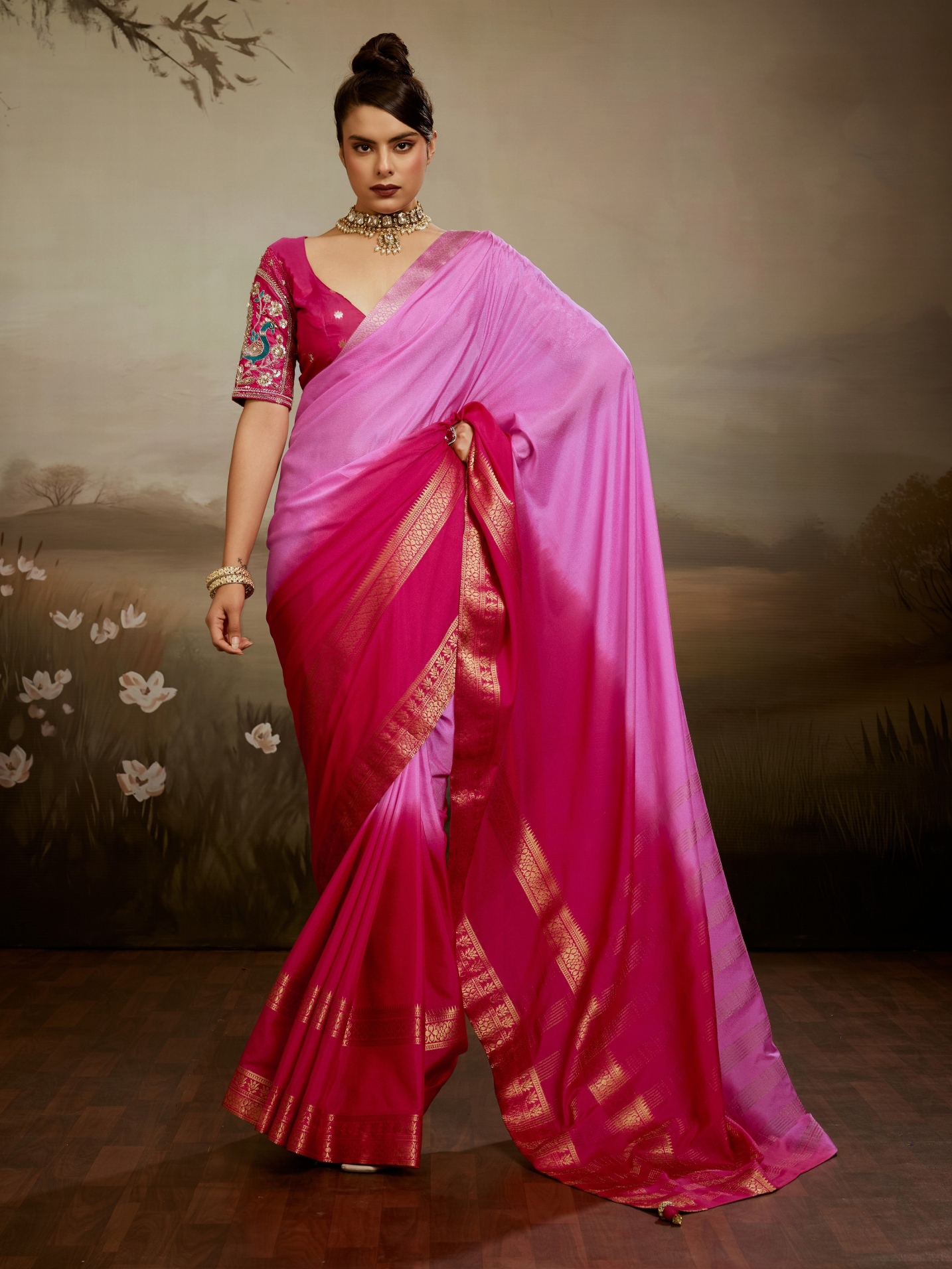 Pink Rani Floral Zari Soft Chiffon Silk Saree