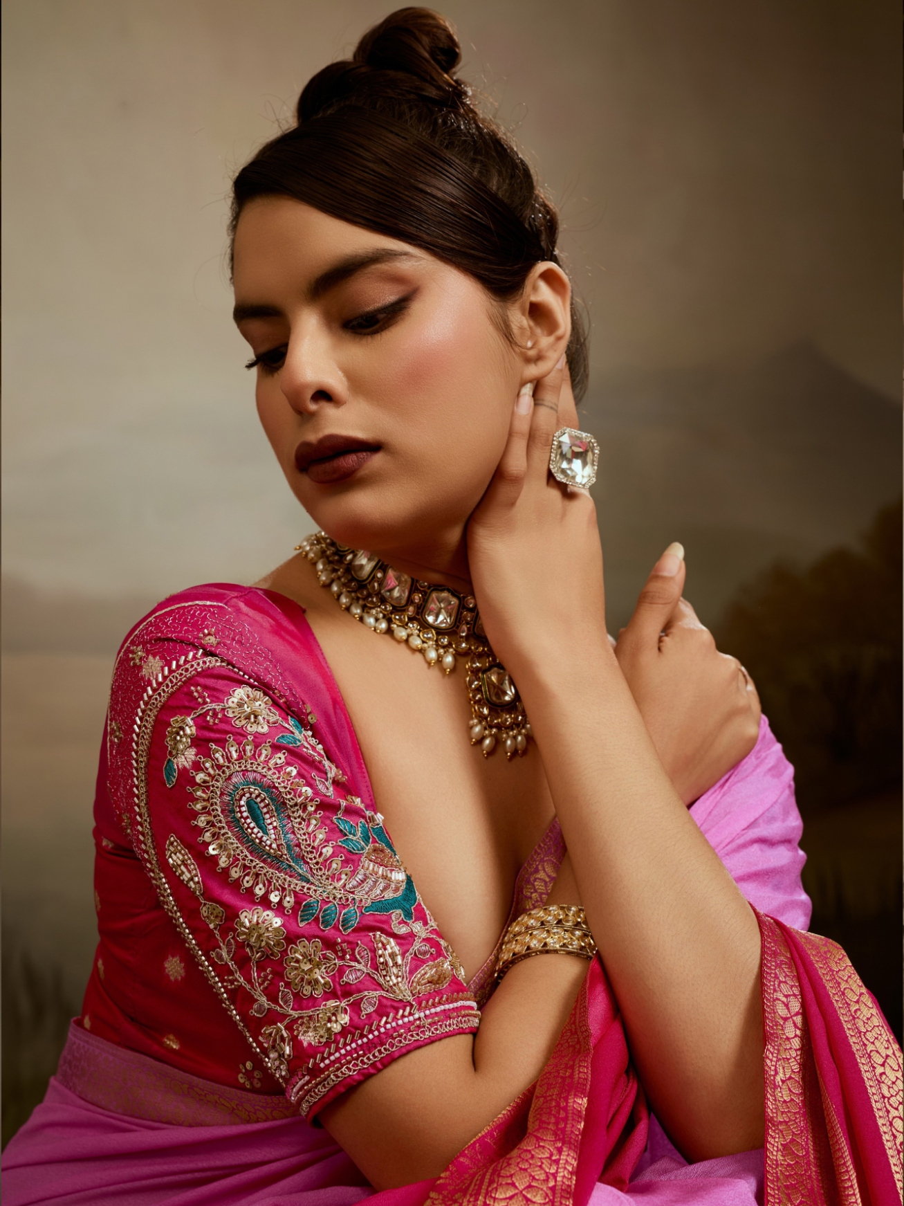 Pink Rani Floral Zari Soft Chiffon Silk Saree