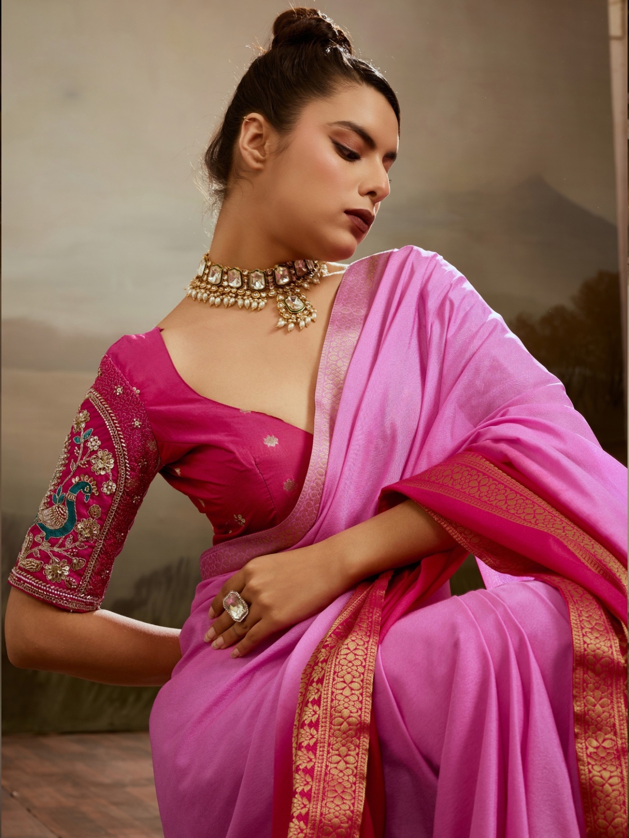 Pink Rani Zari Woven Chiffon Saree — alternate view