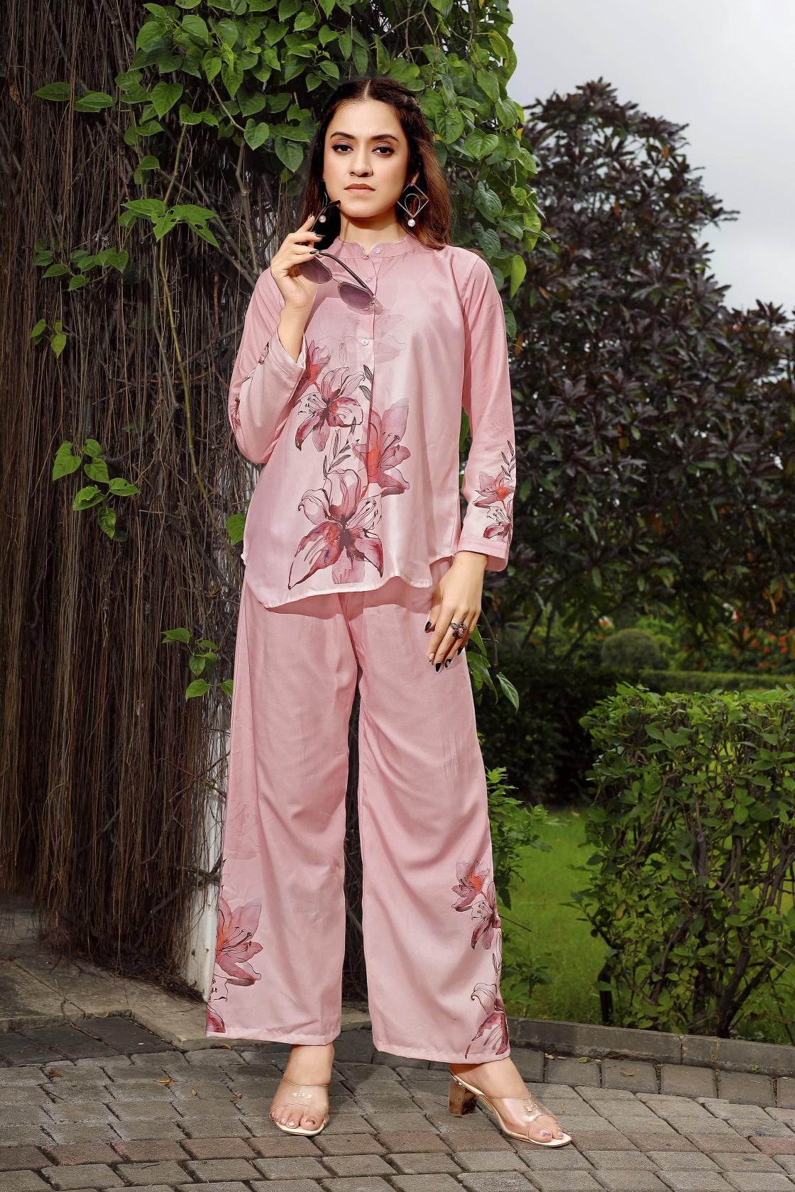 Pink Rayon Co Ord Kurti With Bottom Set