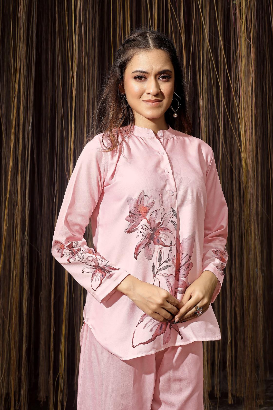 Pink Rayon Co Ord Kurti With Bottom Set