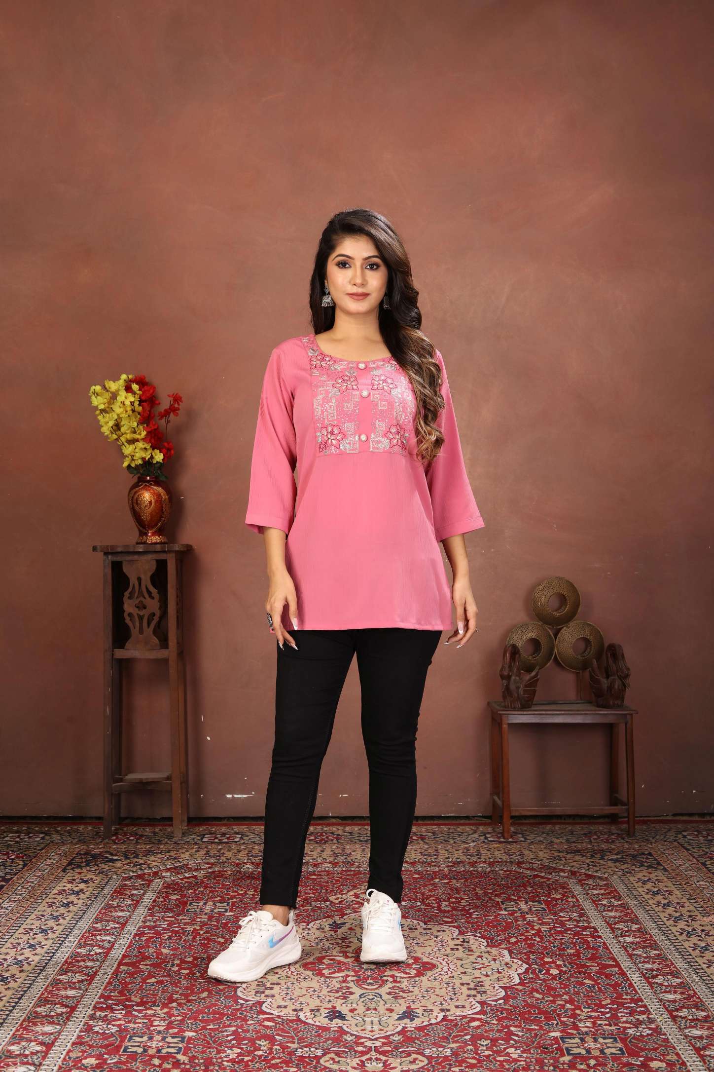 Pink Rinkal Cotton Embroidered Short Kurti