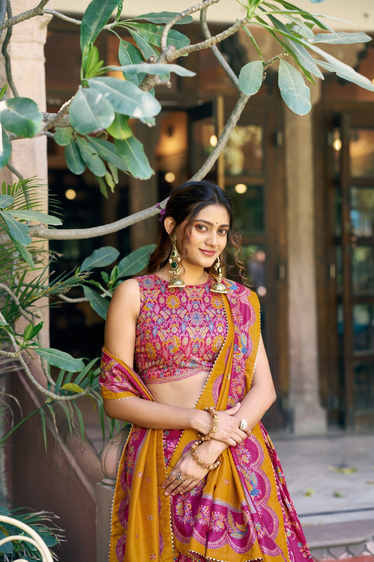 Pink Rose Jaal Foil Tussar Silk Lehenga Choli