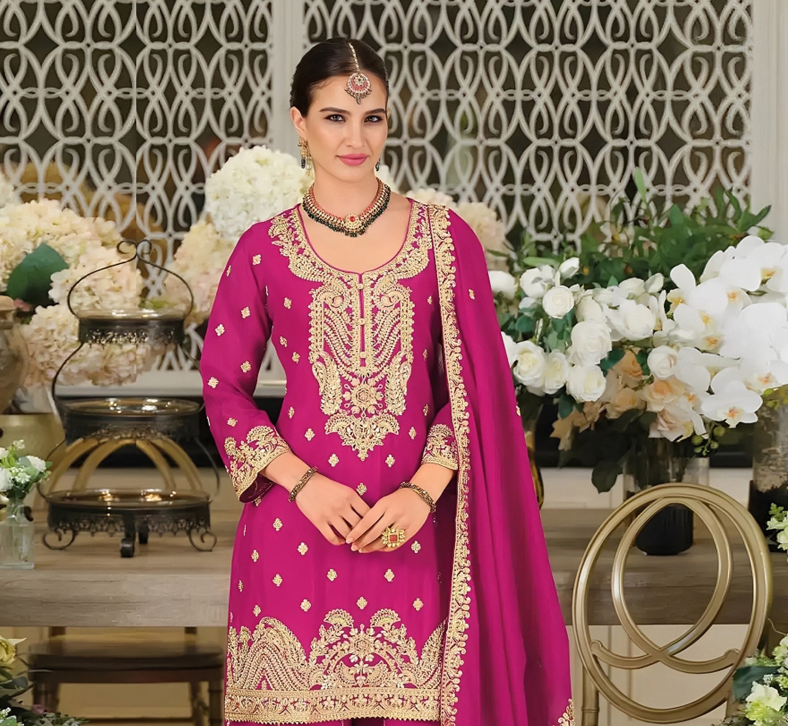 Pink Royal Embroidered Chinon Palazzo Suit — alternate view
