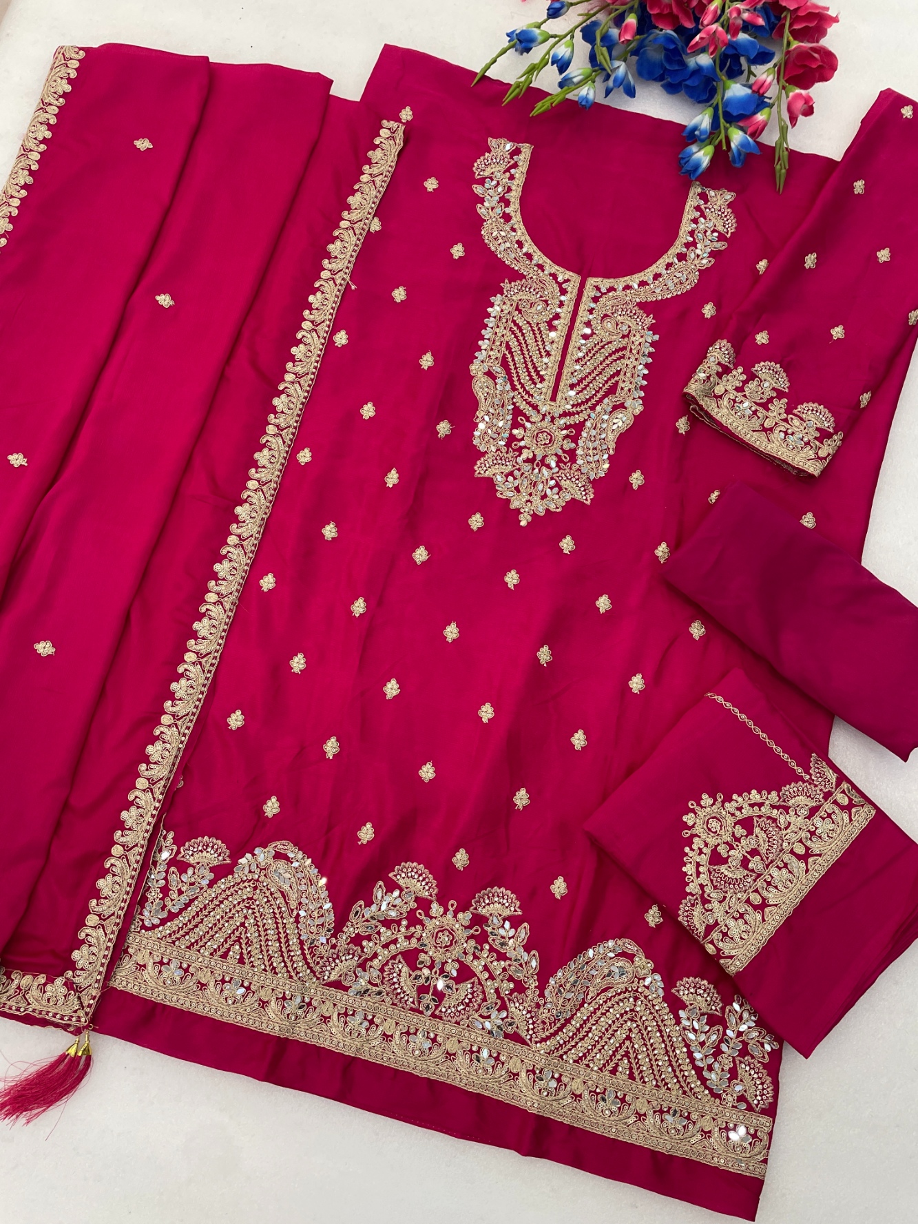 Pink Royal Embroidered Chinon Palazzo Suit