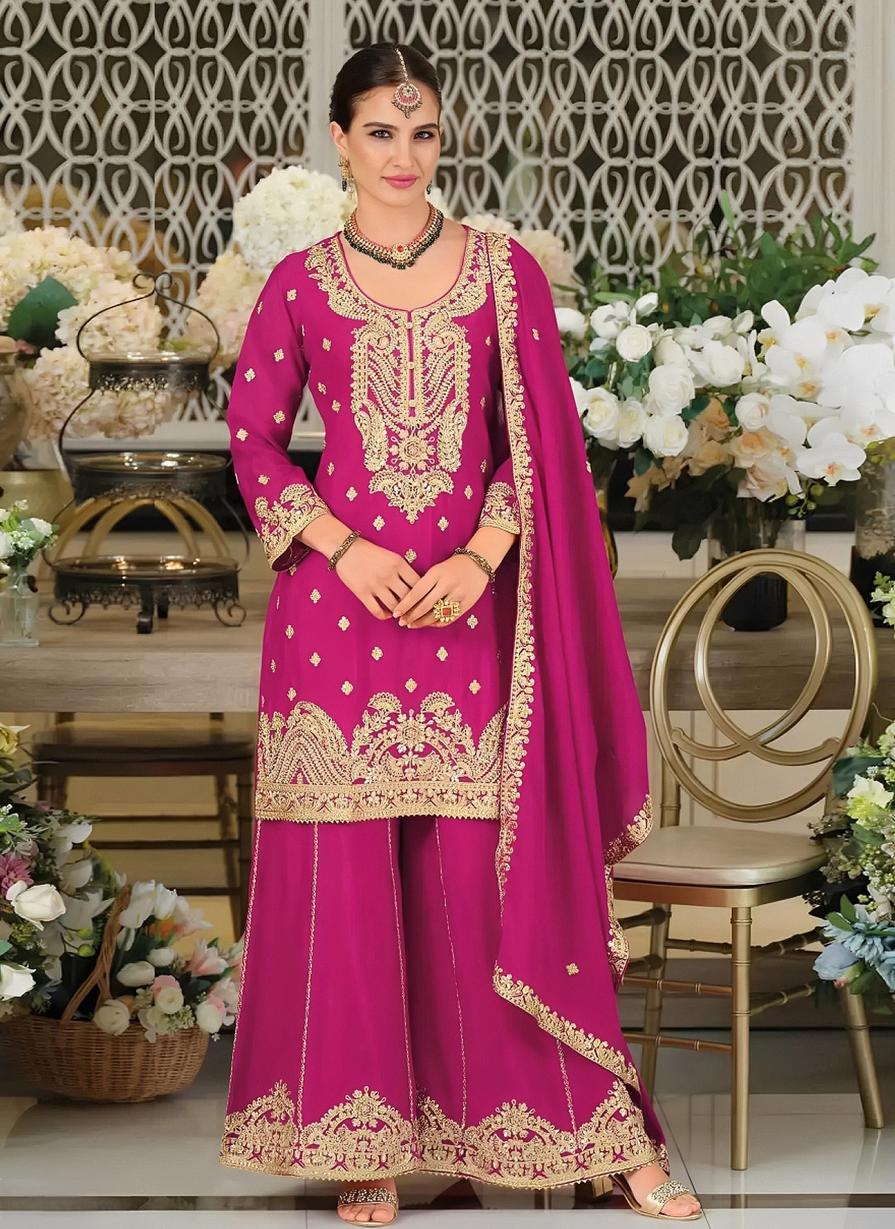 Pink Royal Embroidered Chinon Palazzo Suit